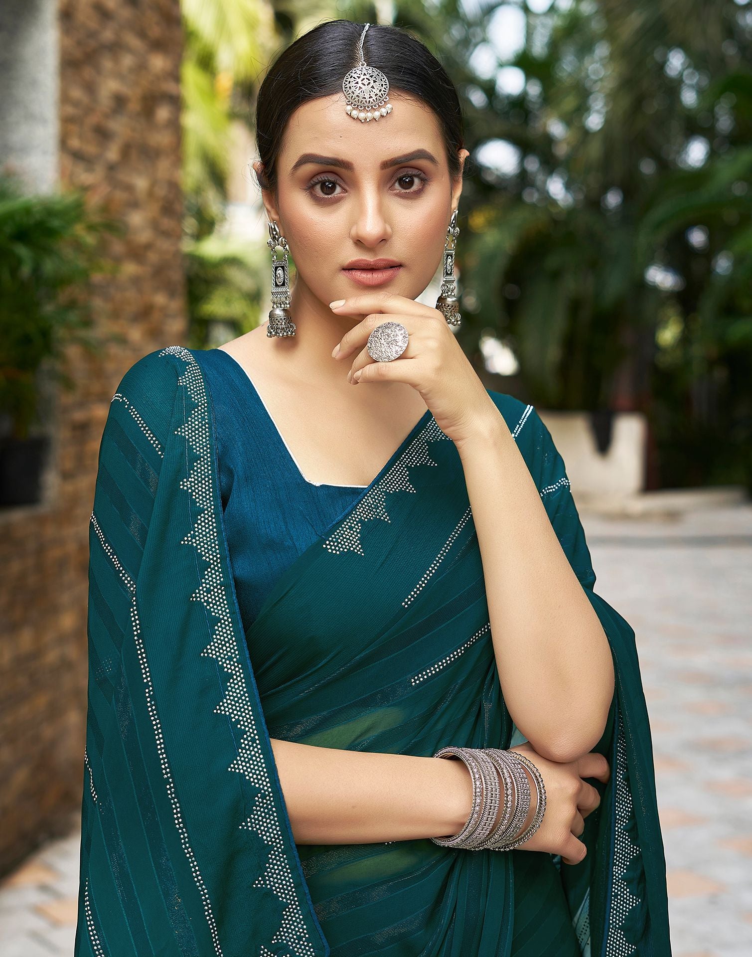 Dark Sea Blue Plain Georgette Saree