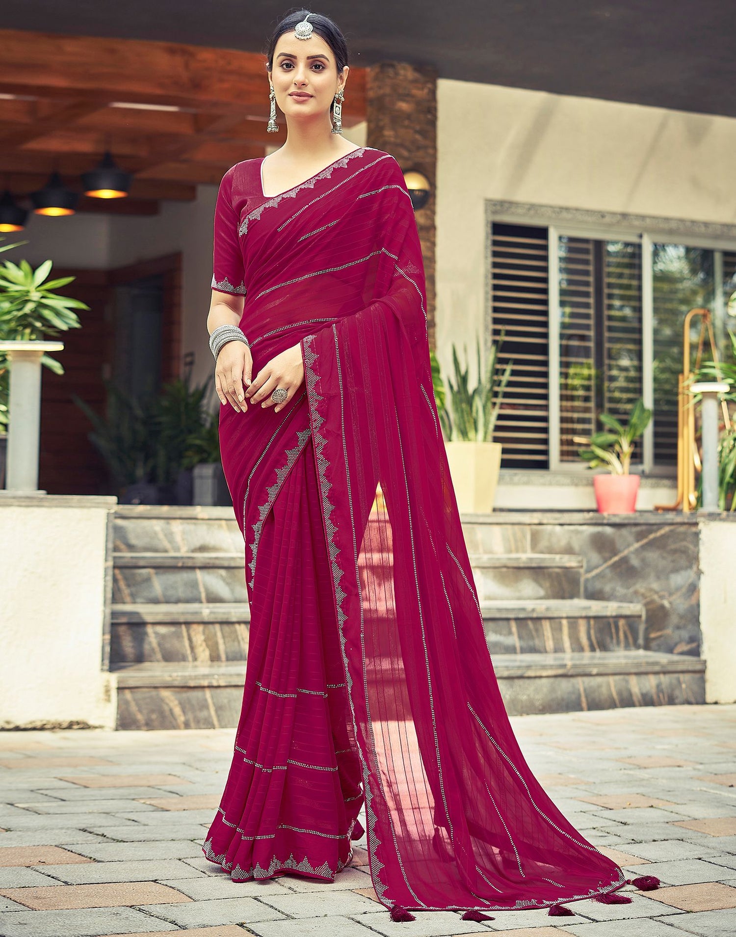 Pink Plain Georgette Saree