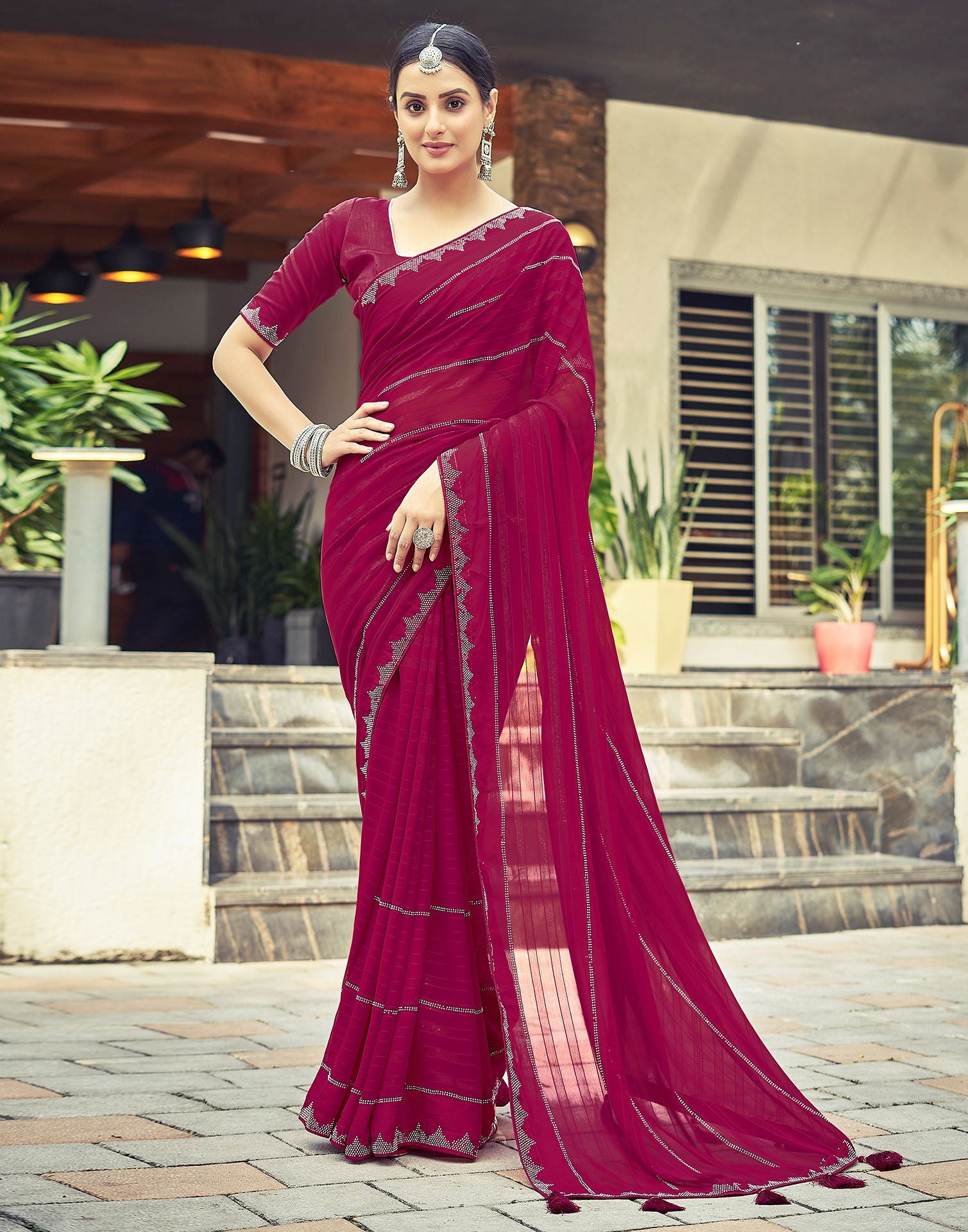 Pink Plain Georgette Saree