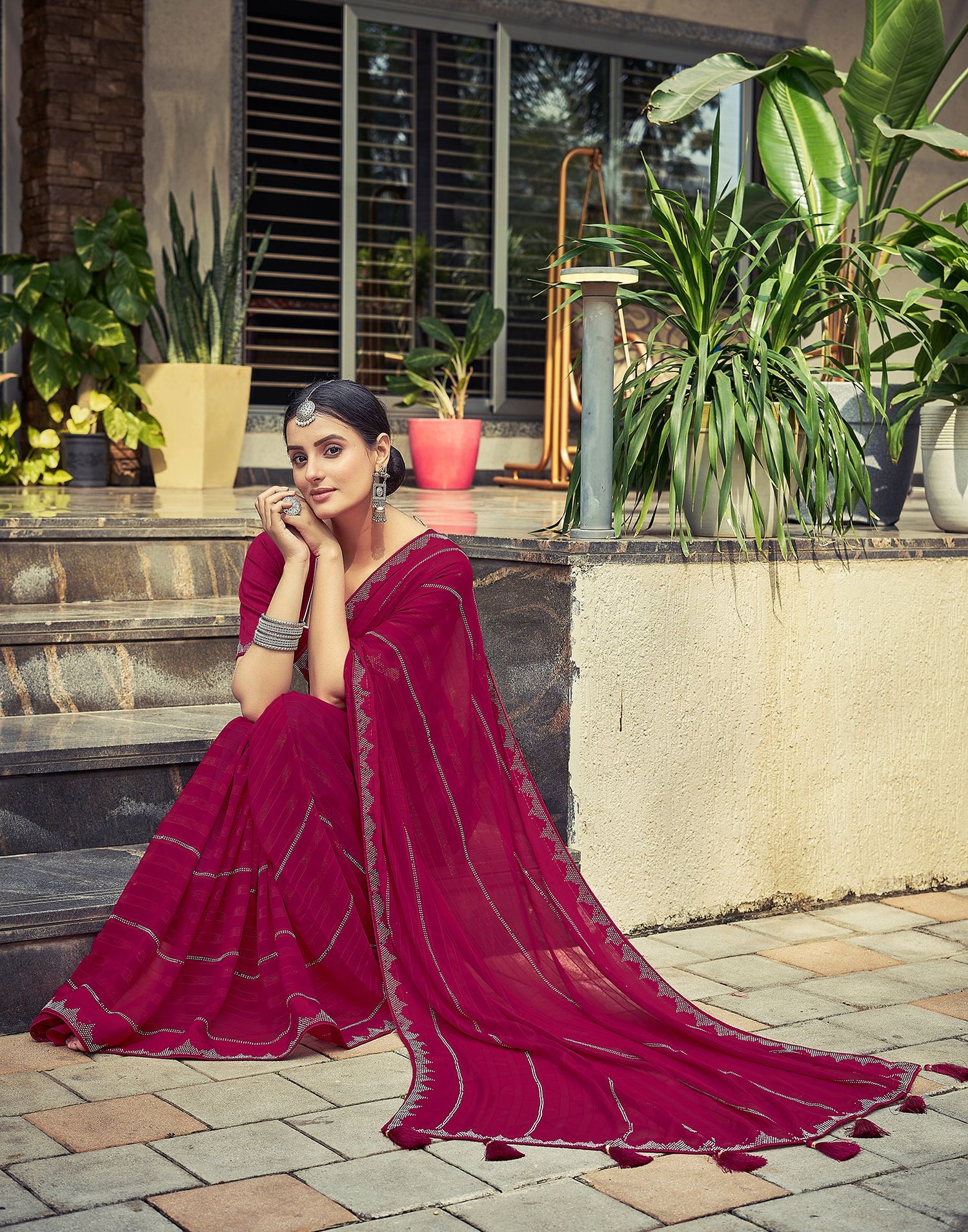 Pink Plain Georgette Saree