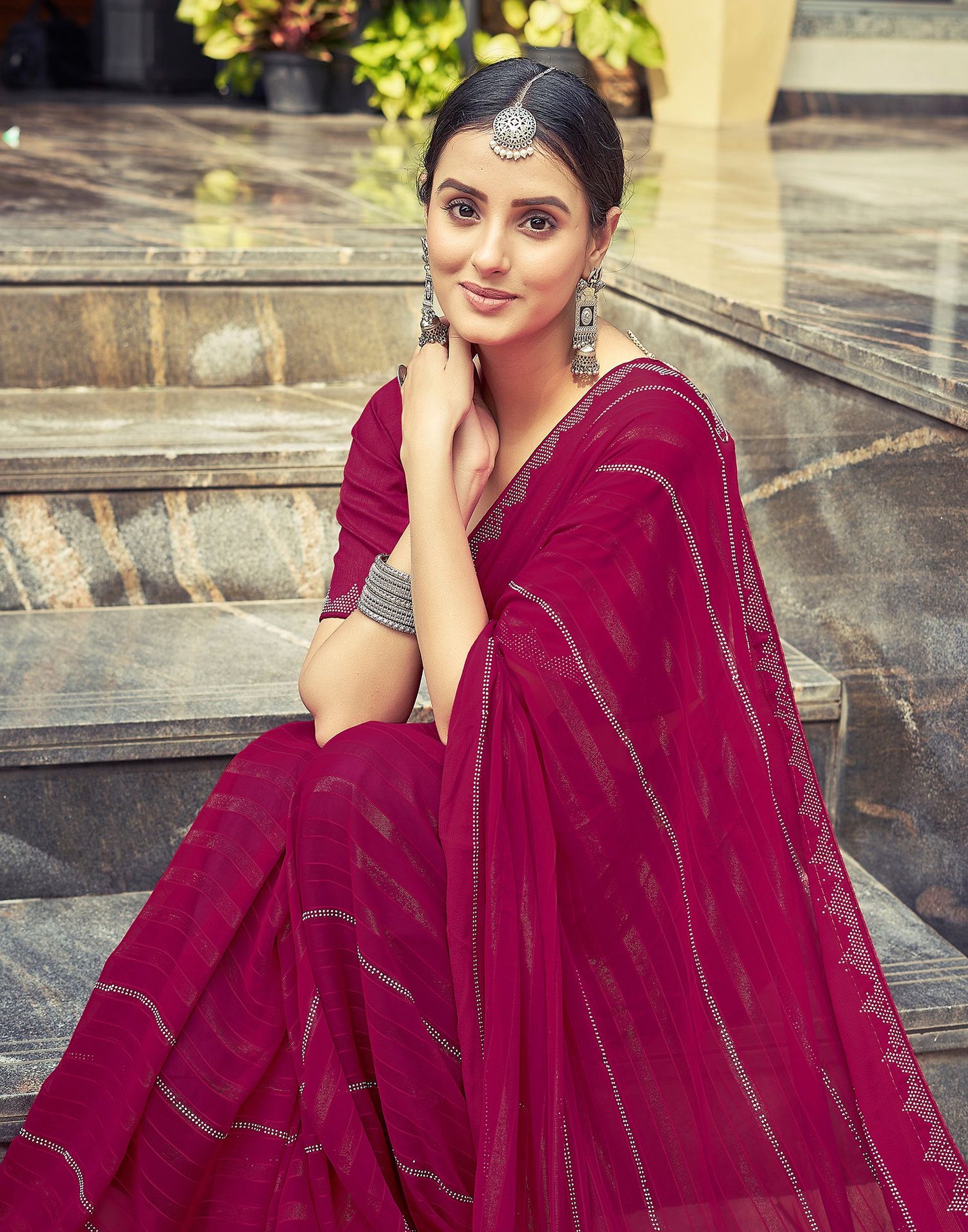 Pink Plain Georgette Saree