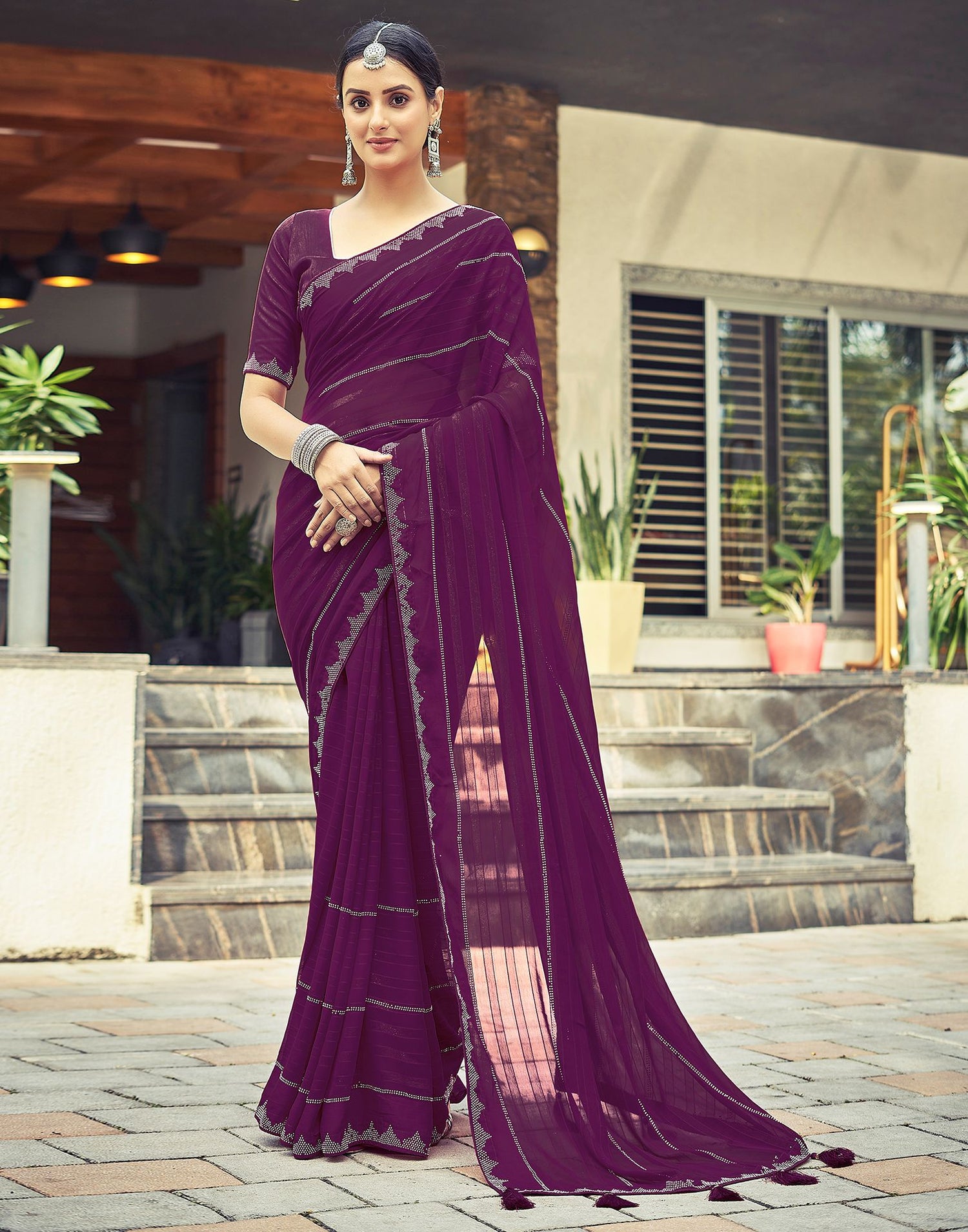 Wine Plain Georgette Saree