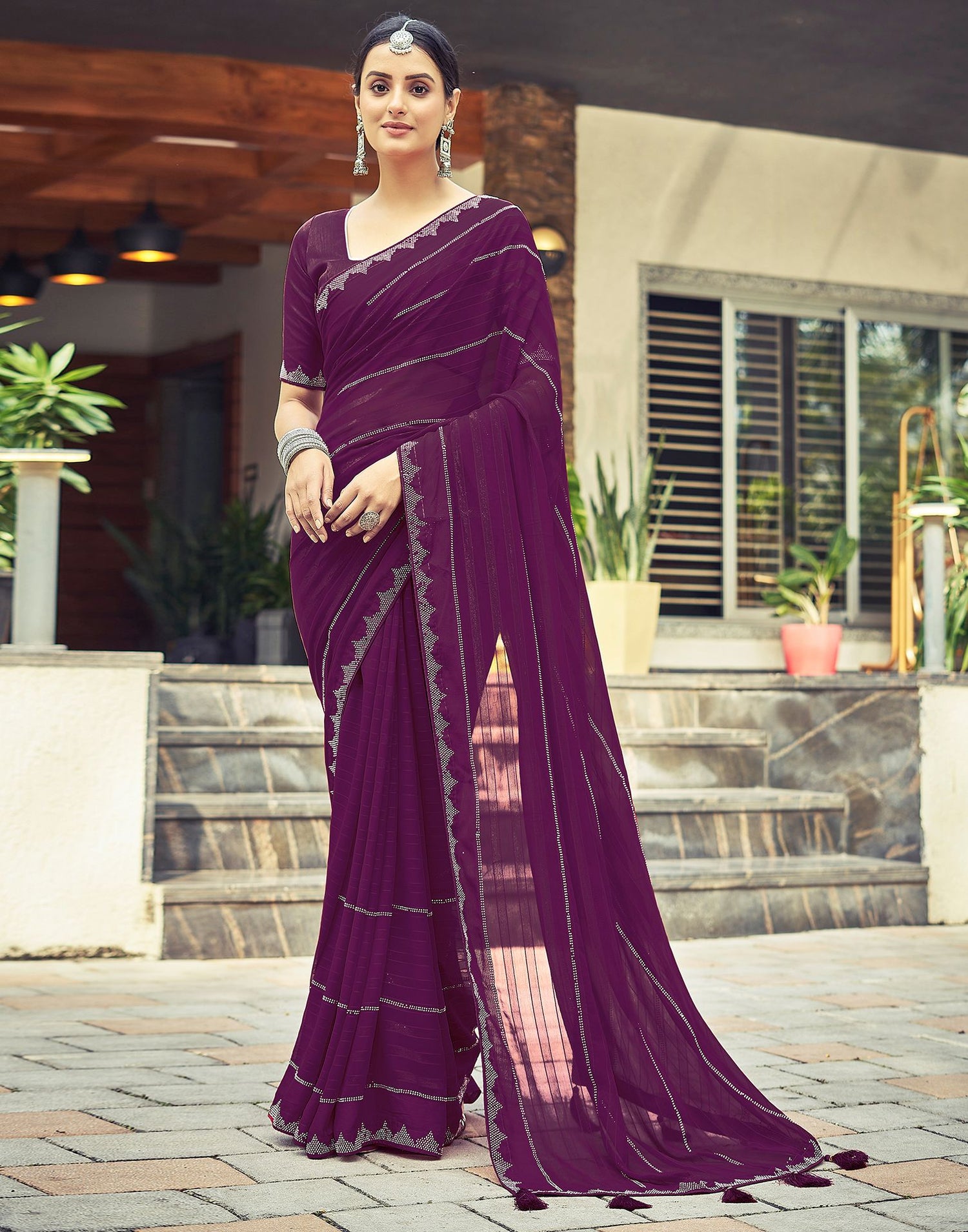 Wine Plain Georgette Saree