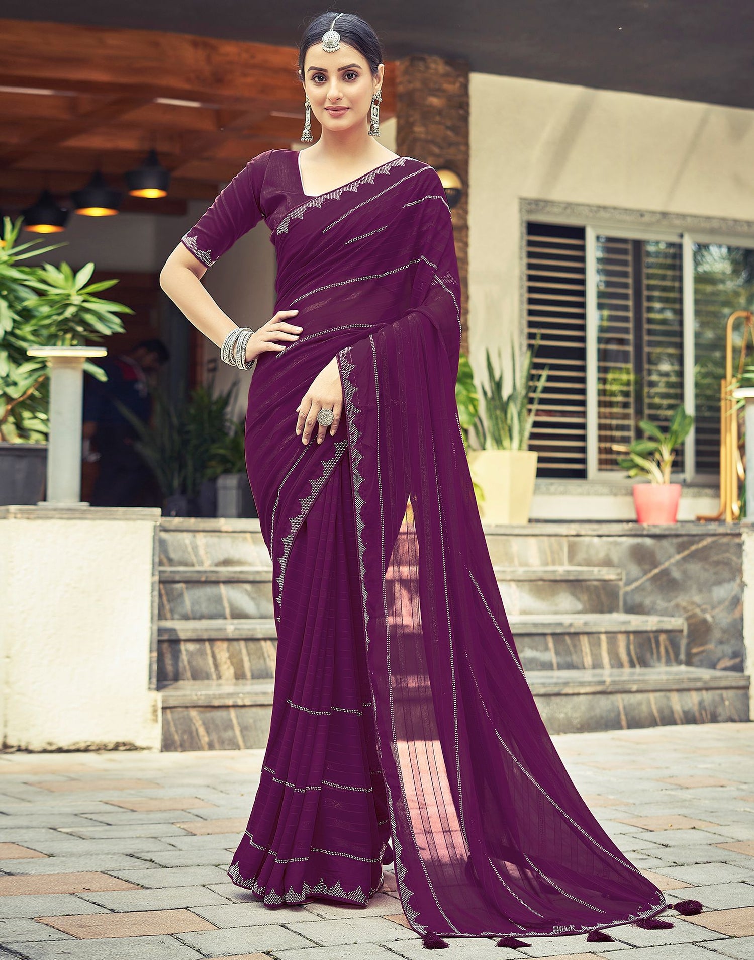 Wine Plain Georgette Saree