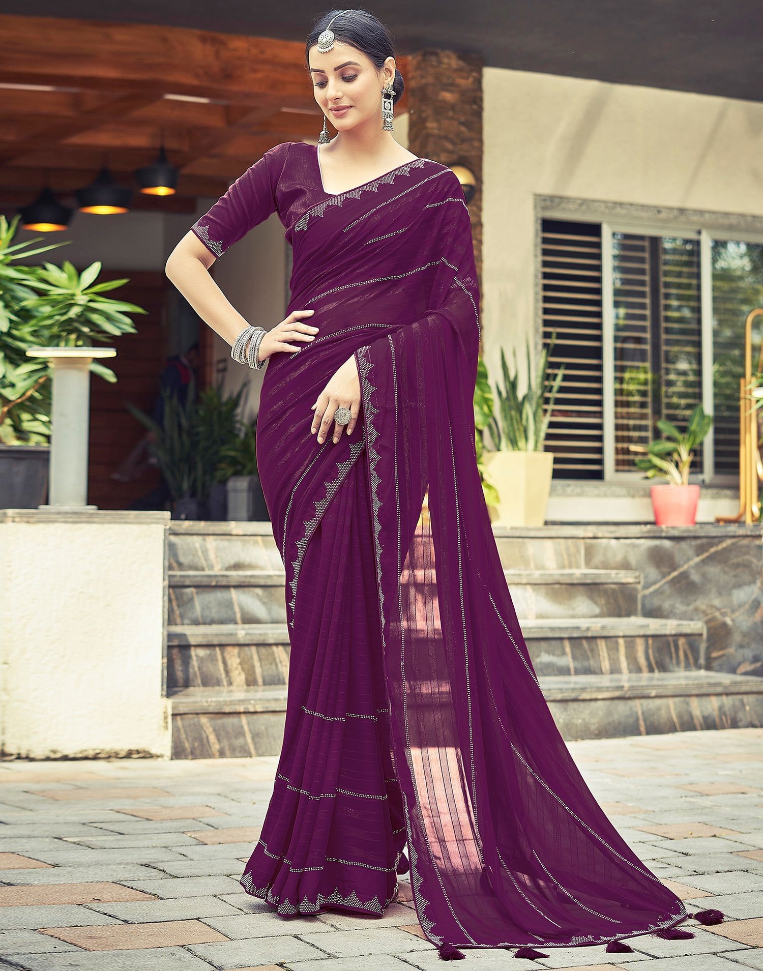 Wine Plain Georgette Saree