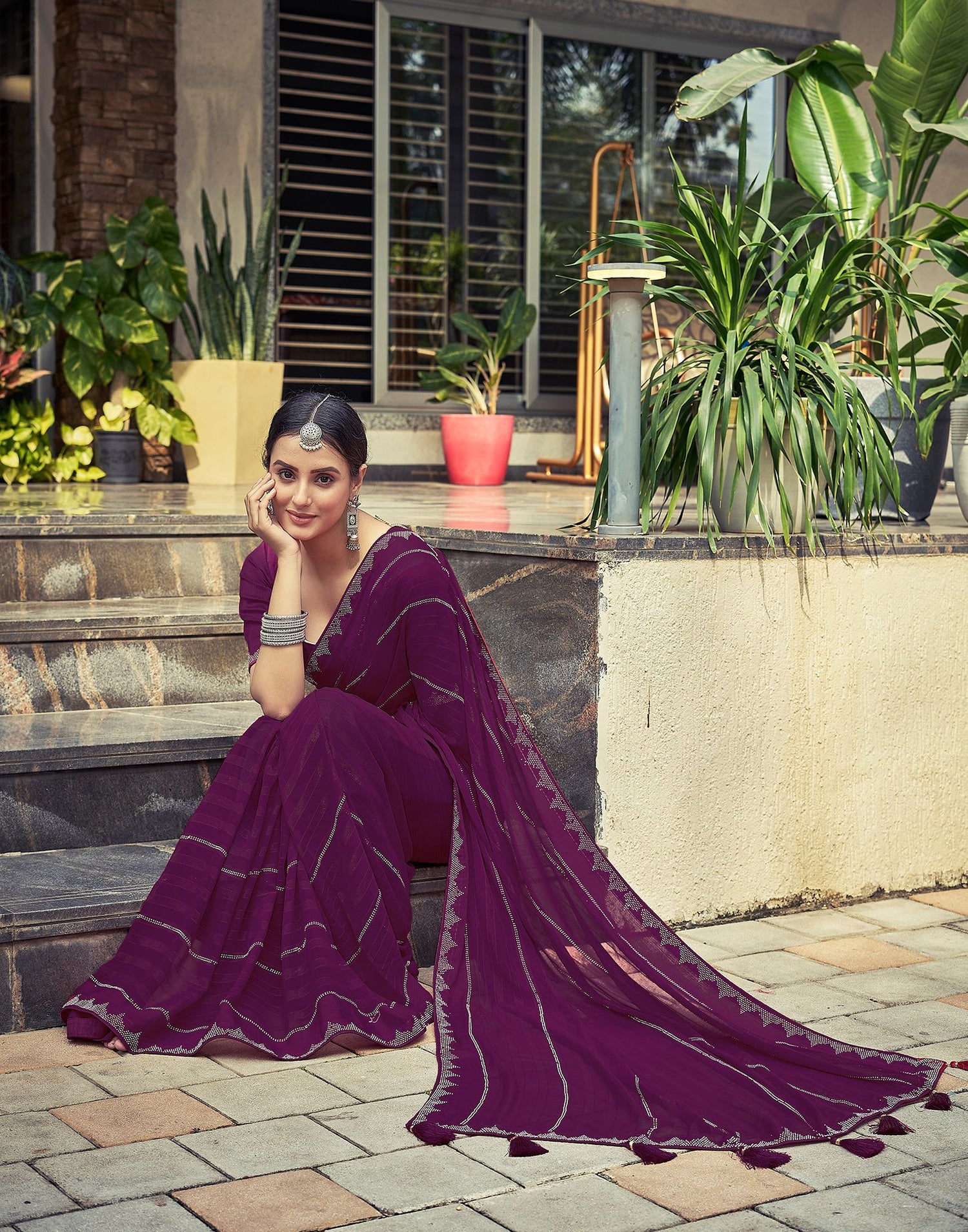 Wine Plain Georgette Saree