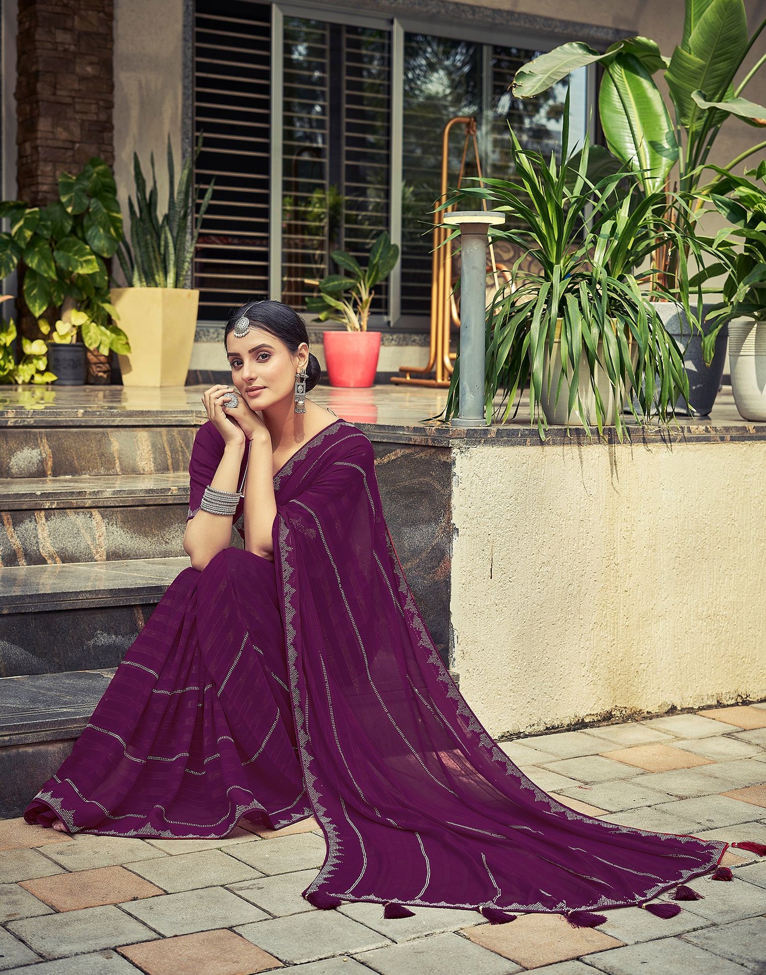 Wine Plain Georgette Saree