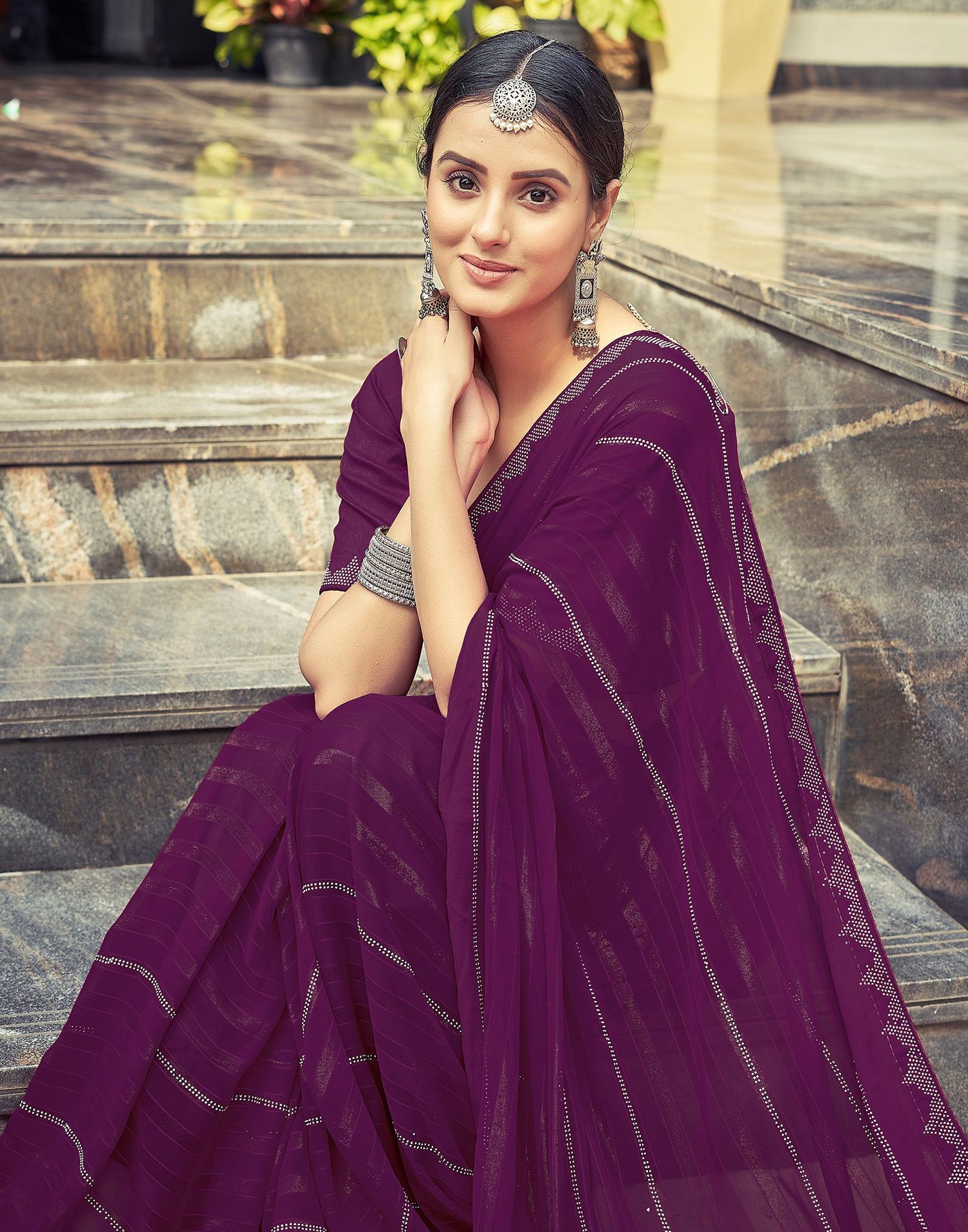 Wine Plain Georgette Saree