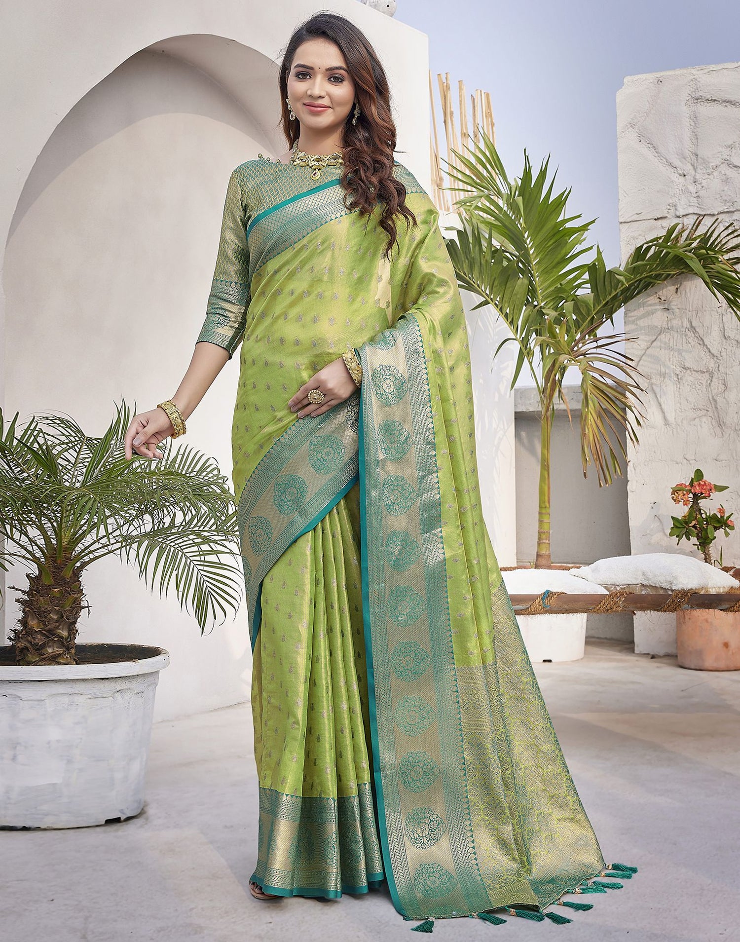 Teal Blue Jacquard Organza Saree