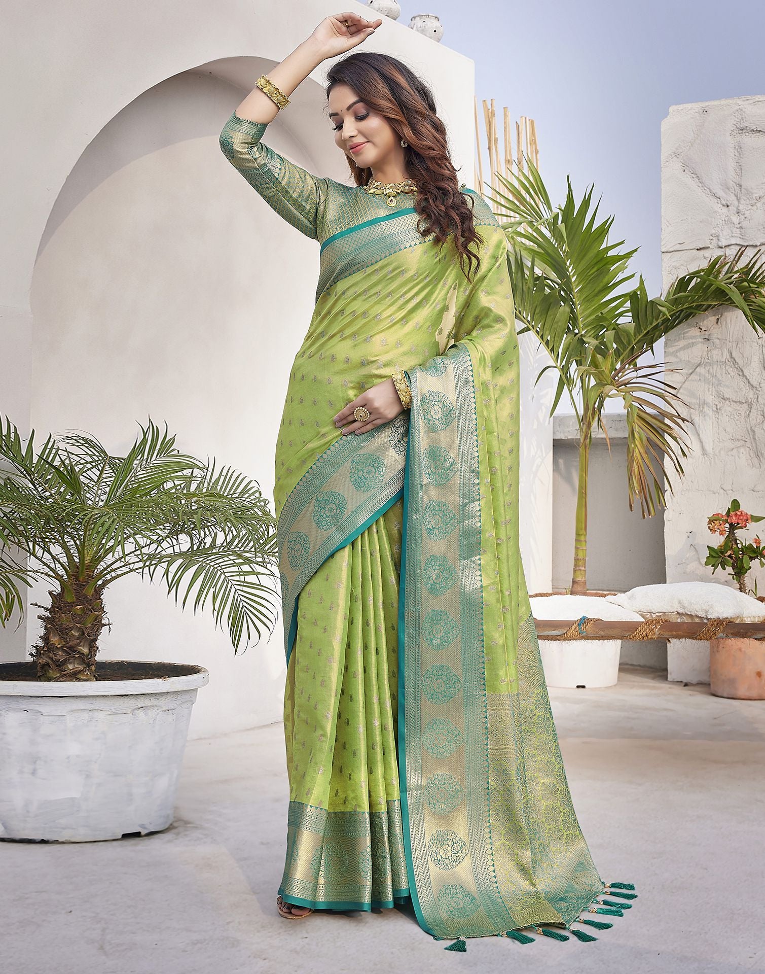 Teal Blue Jacquard Organza Saree