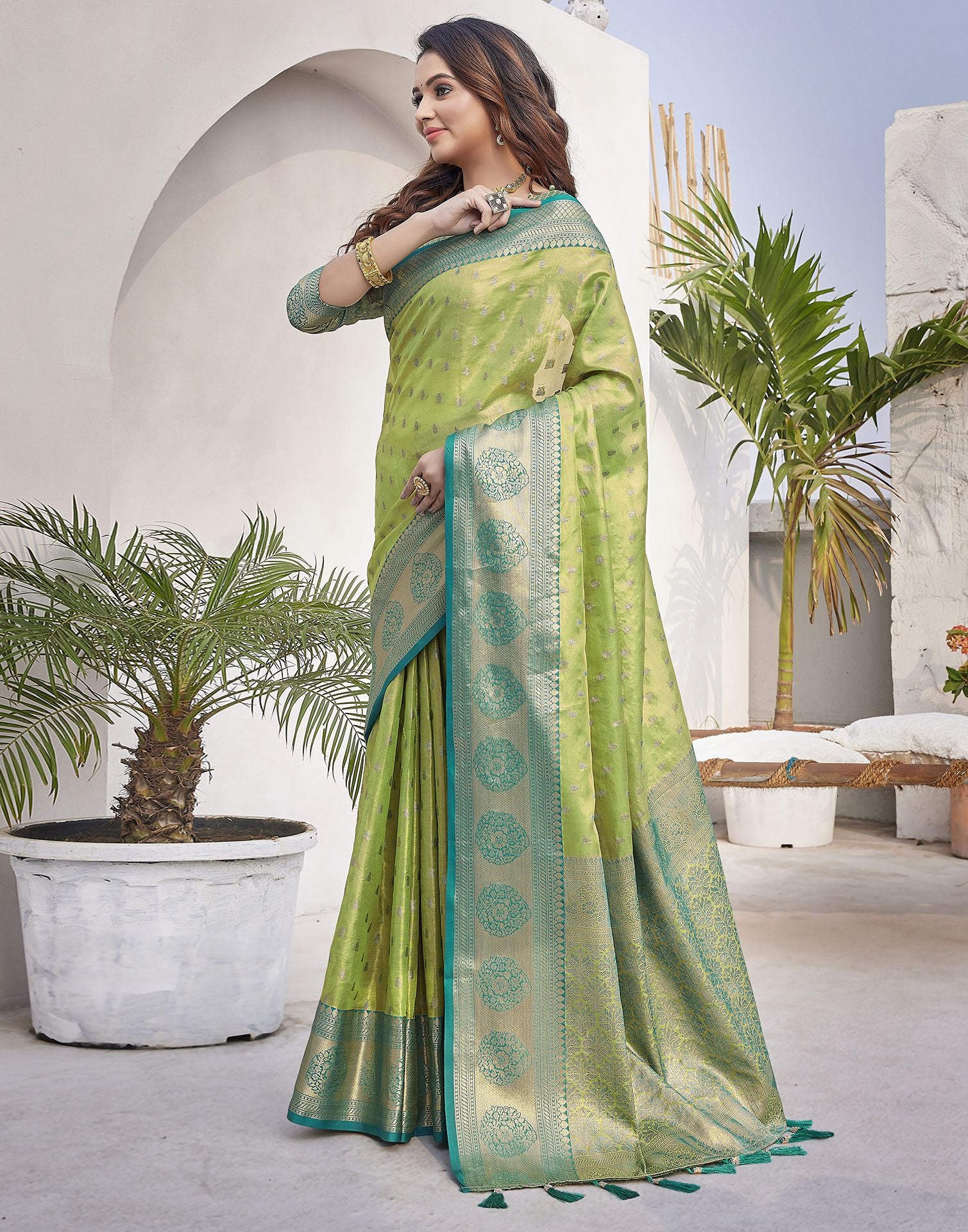 Teal Blue Jacquard Organza Saree