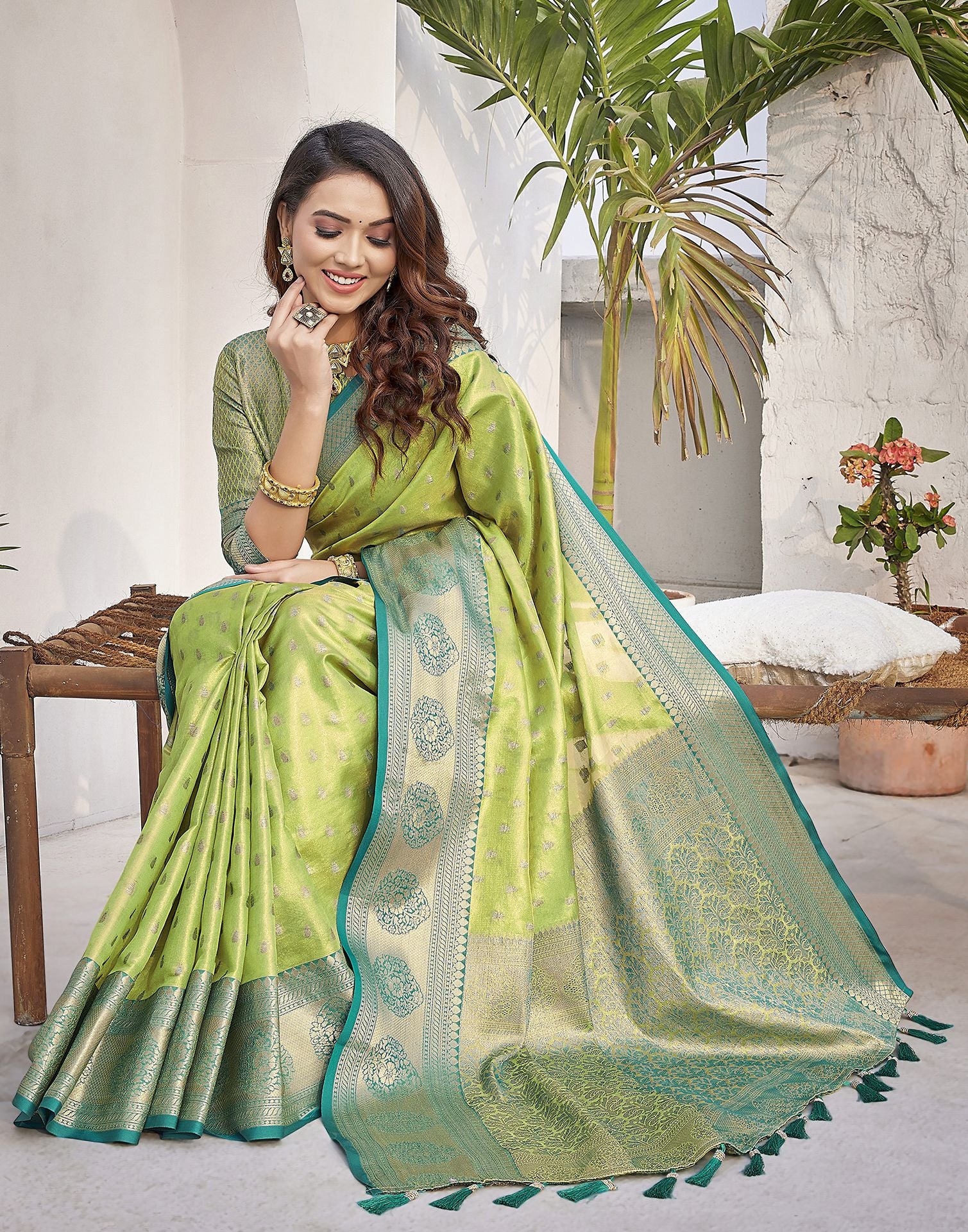 Teal Blue Jacquard Organza Saree