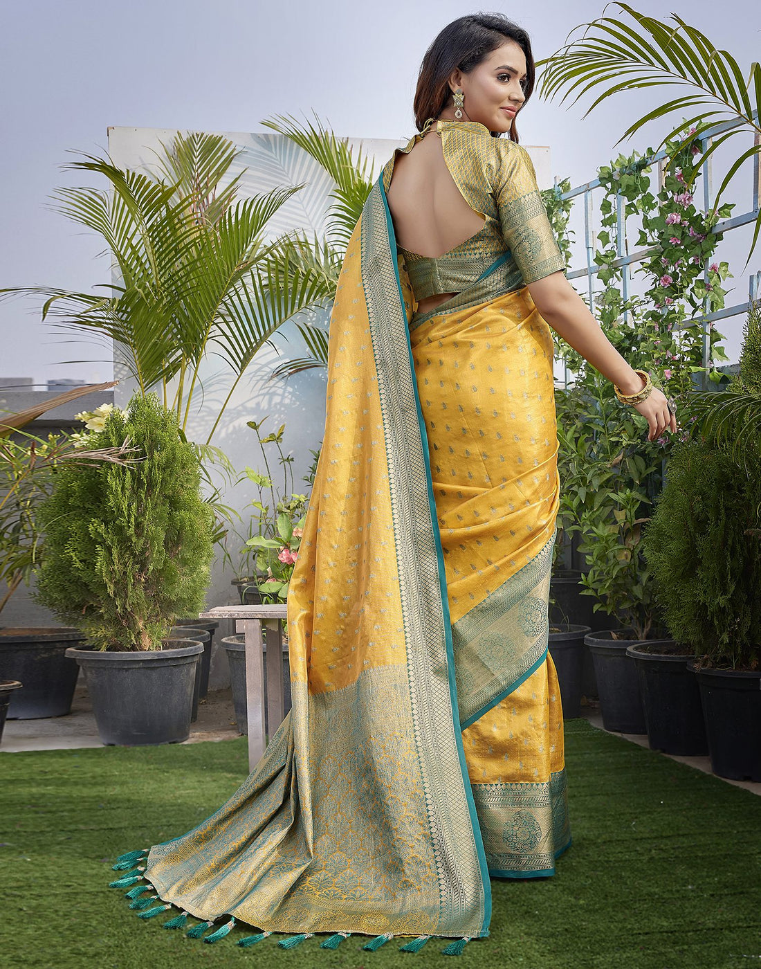 Yellow  Jacquard Organza Saree