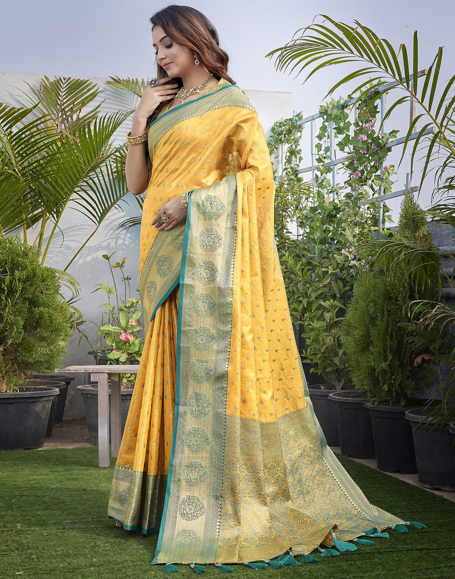 Yellow  Jacquard Organza Saree