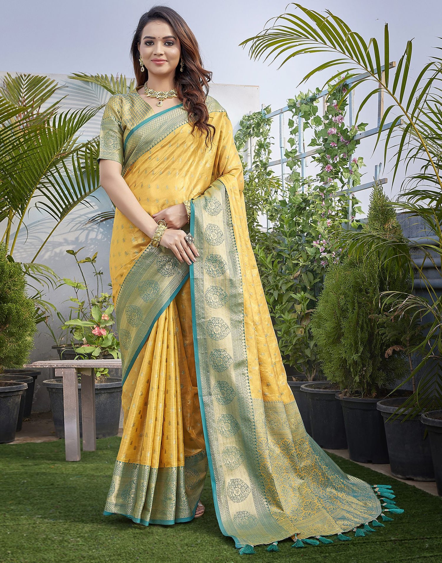 Yellow  Jacquard Organza Saree