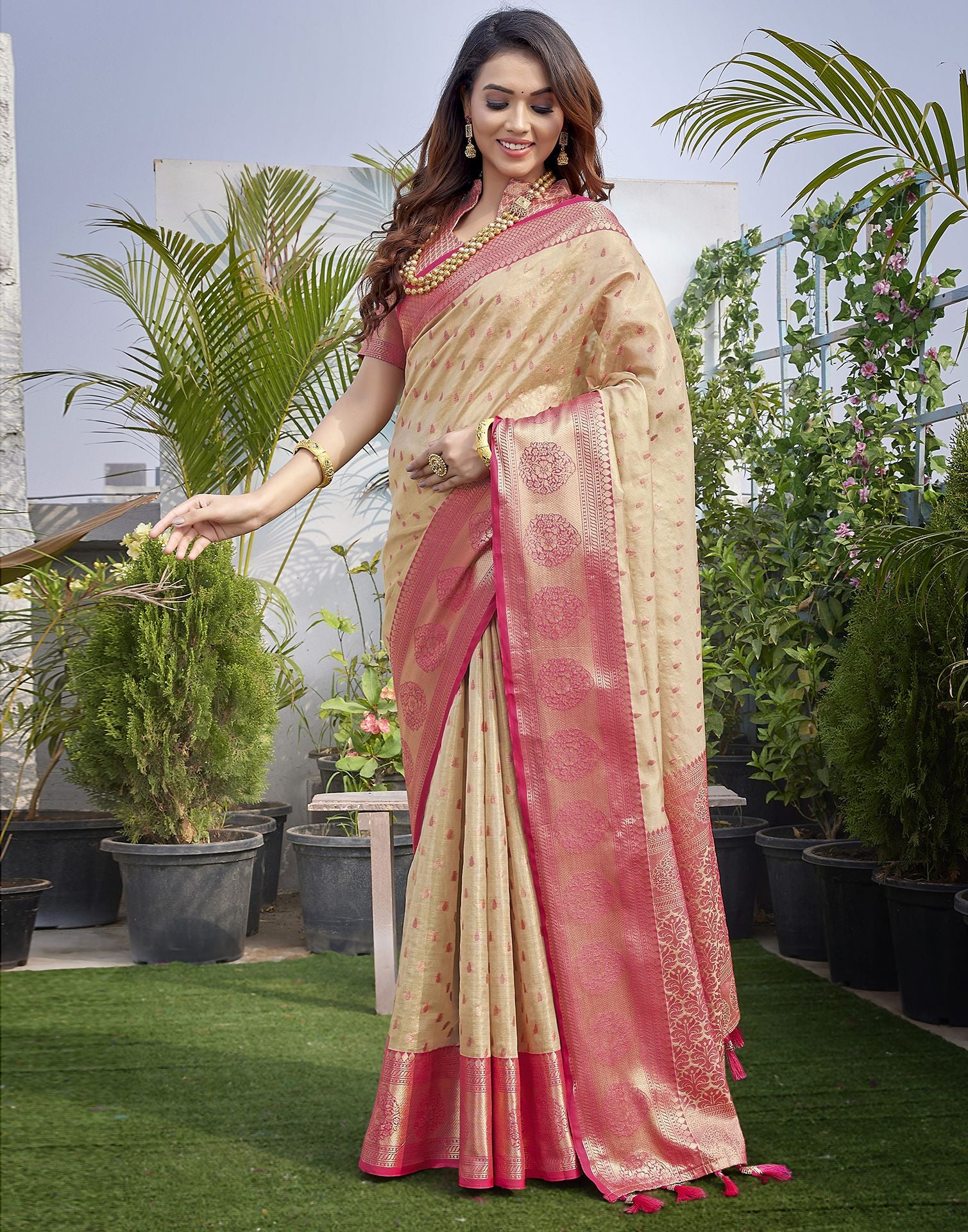 Rani Pink Jacquard Organza Saree