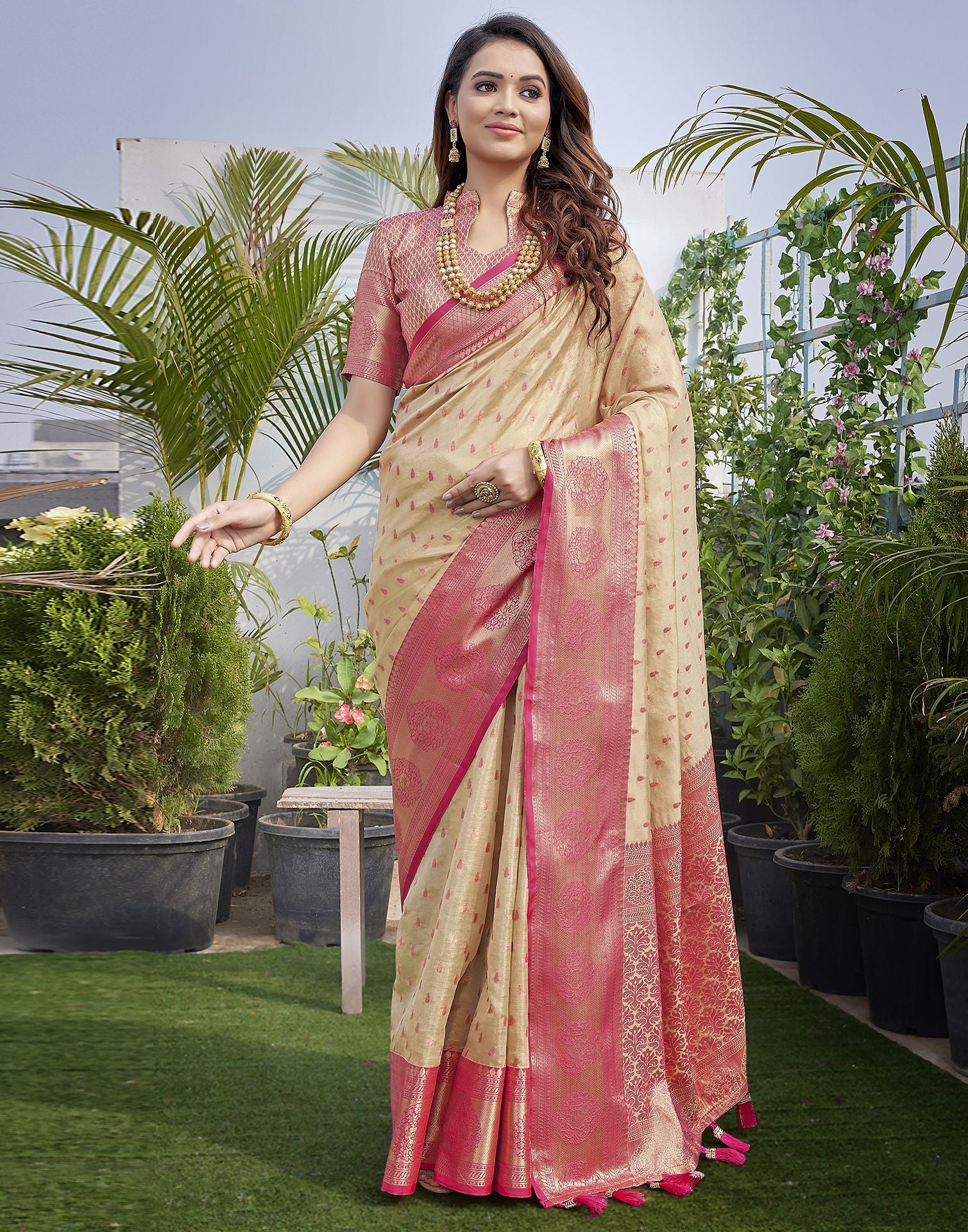 Rani Pink Jacquard Organza Saree