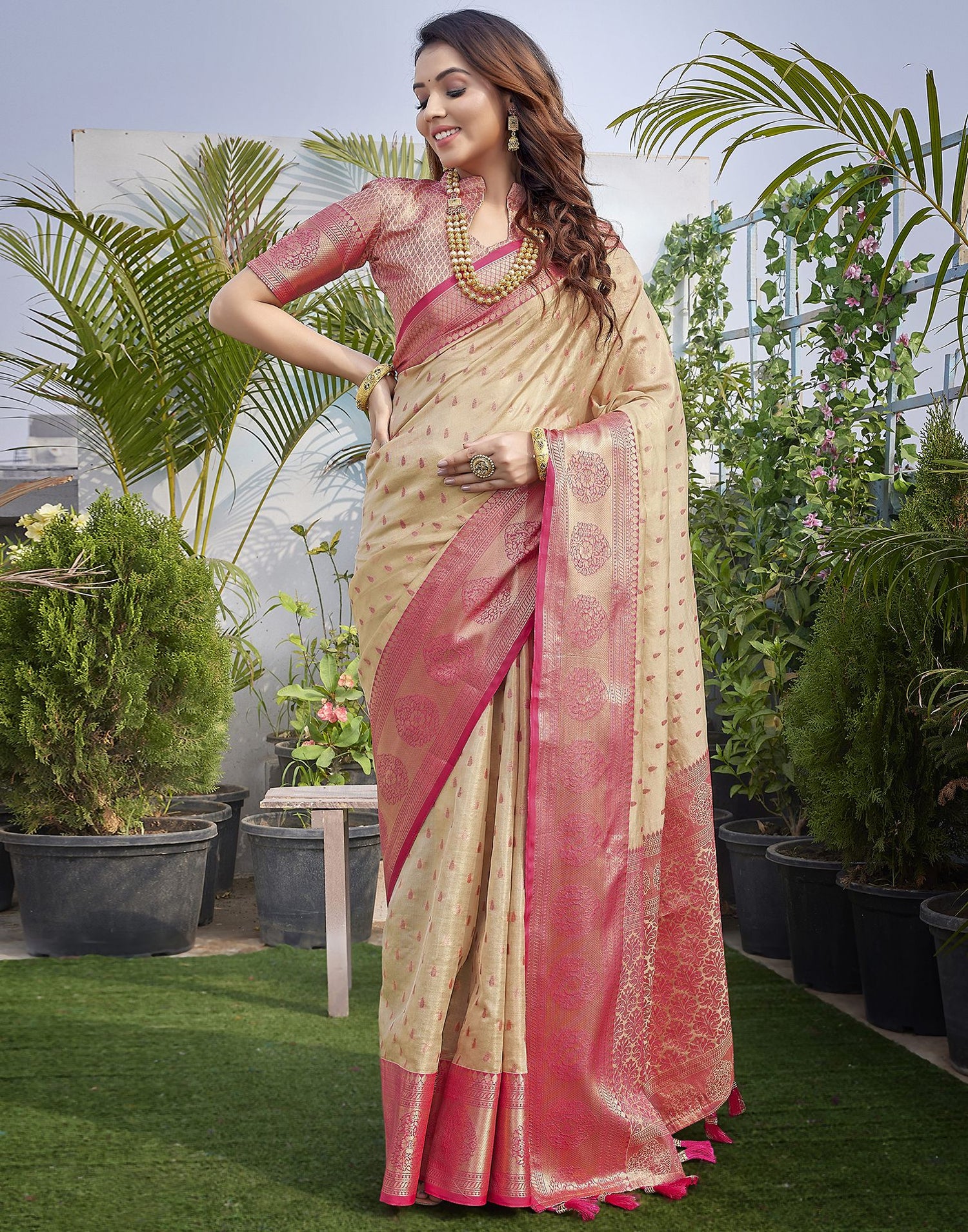 Rani Pink Jacquard Organza Saree