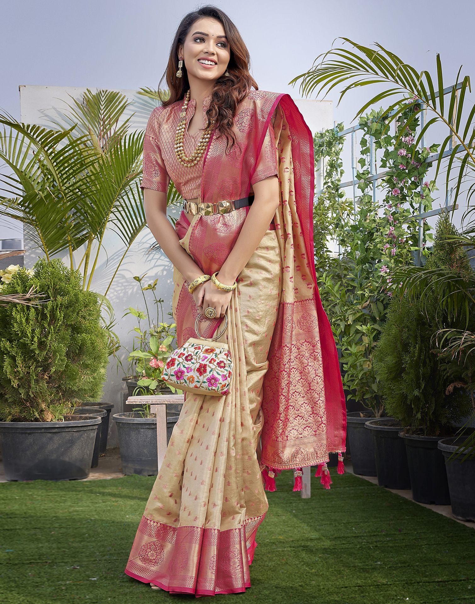 Rani Pink Jacquard Organza Saree