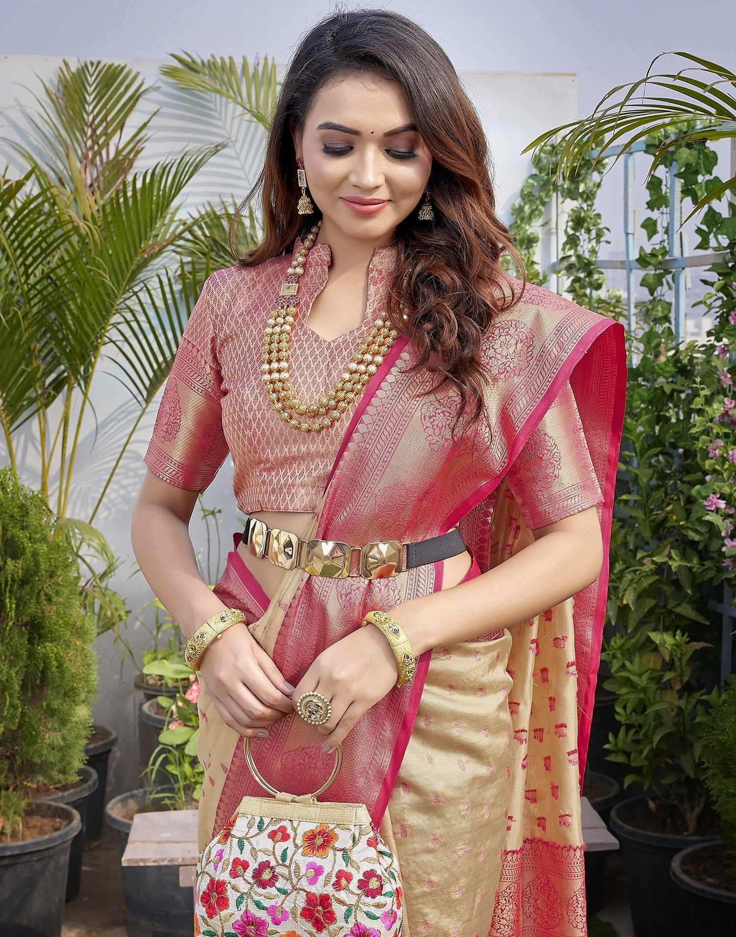 Rani Pink Jacquard Organza Saree