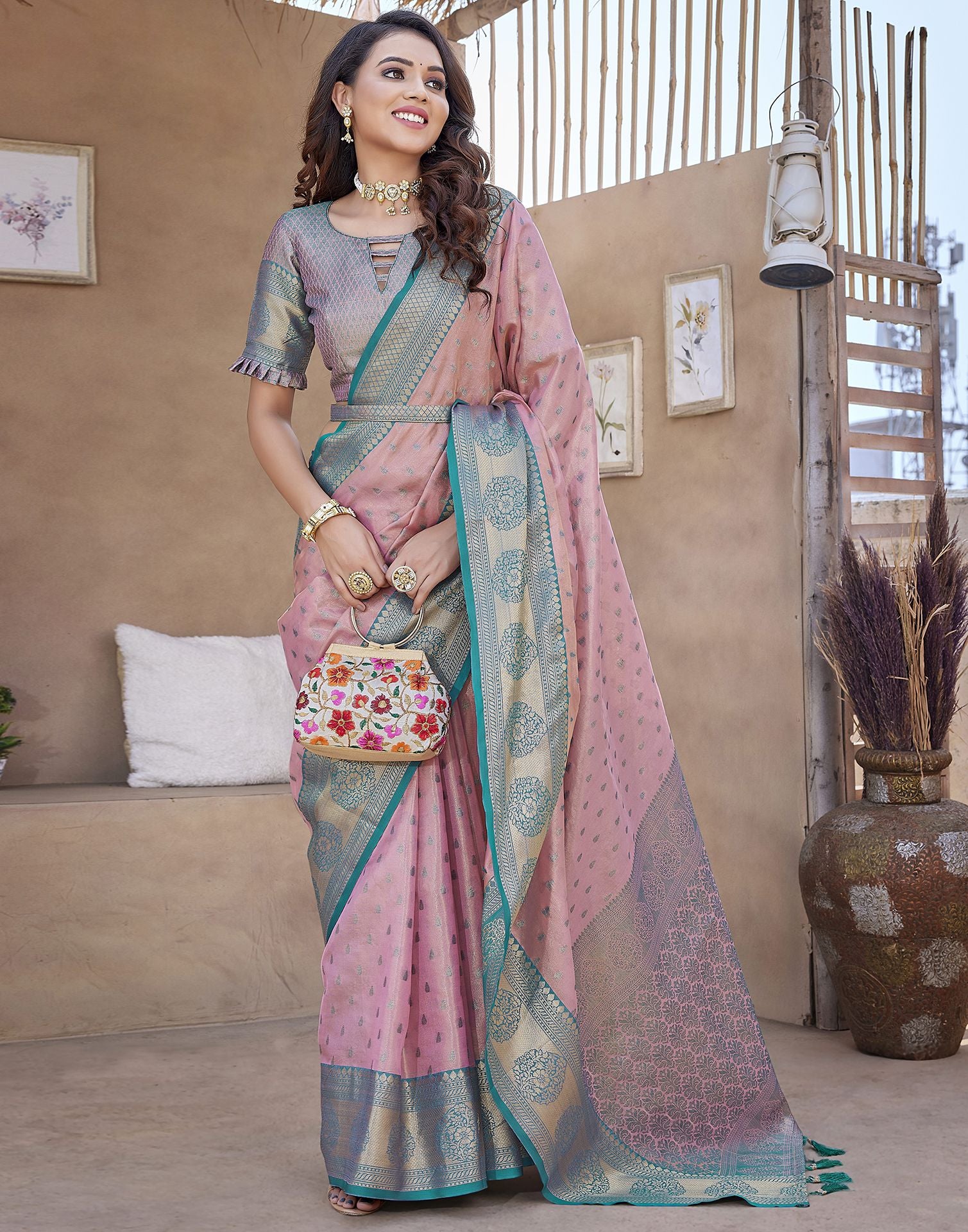 Teal Pink Jacquard Organza Saree