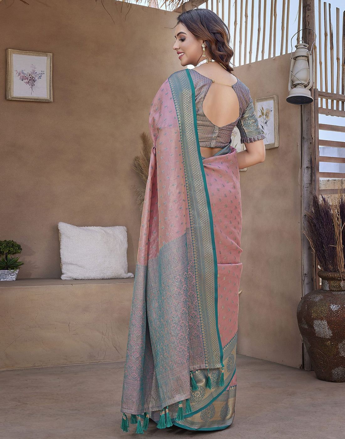 Teal Pink Jacquard Organza Saree