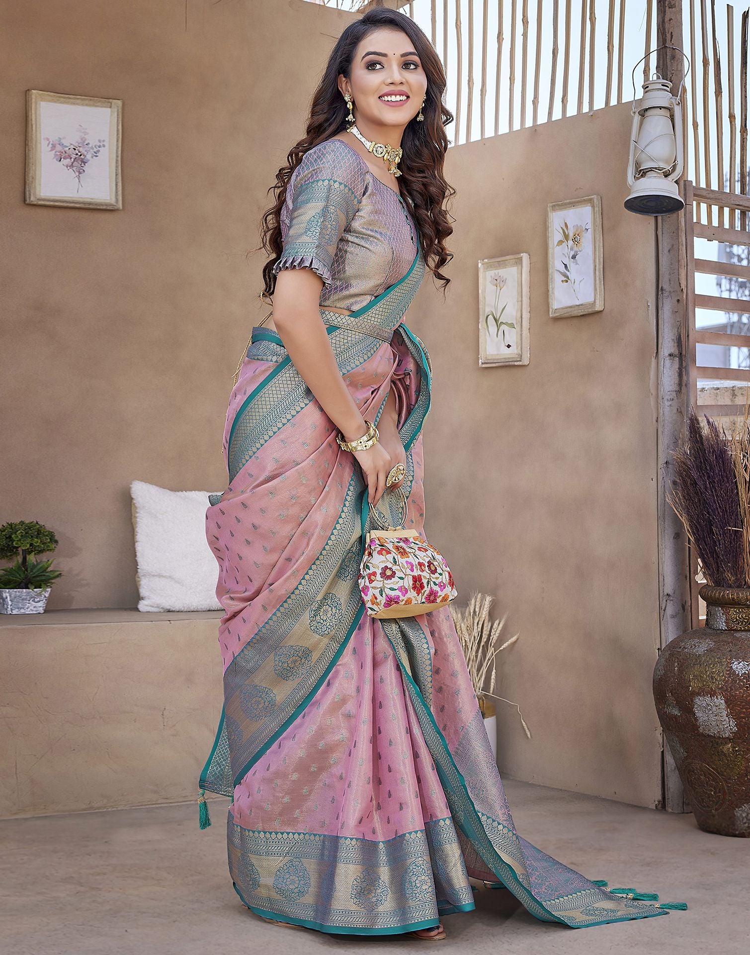 Teal Pink Jacquard Organza Saree