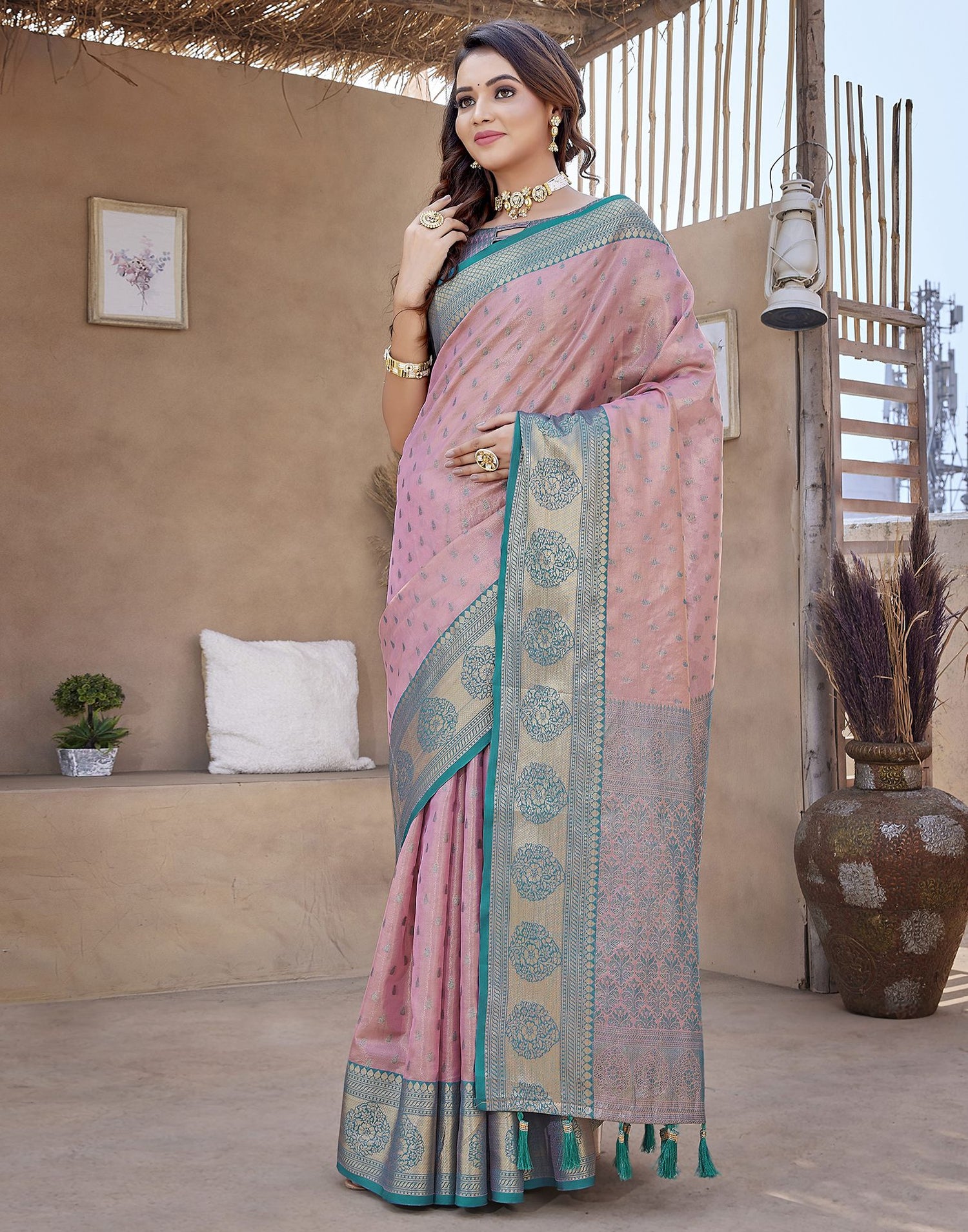 Teal Pink Jacquard Organza Saree