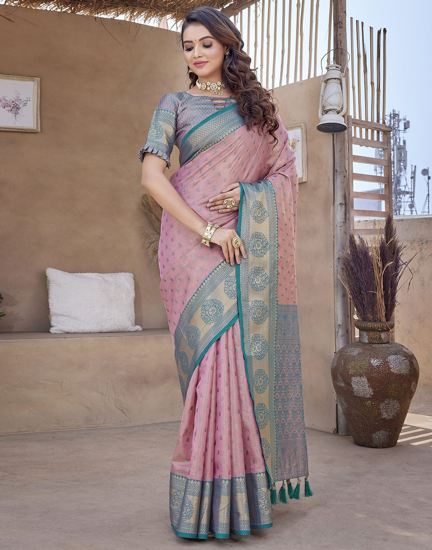 Teal Pink Jacquard Organza Saree