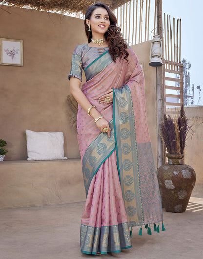 Teal Pink Jacquard Organza Saree