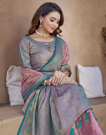 Teal Pink Jacquard Organza Saree