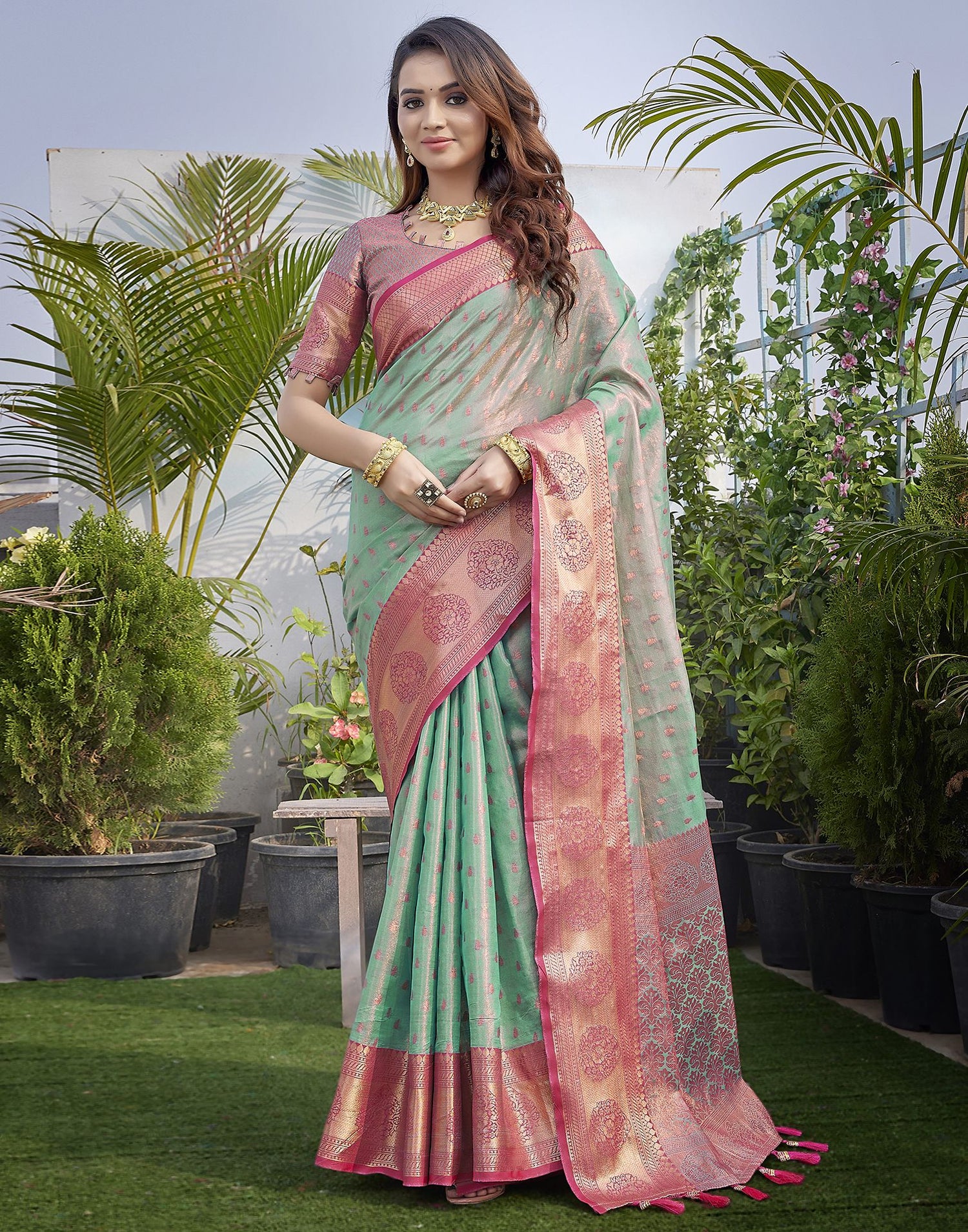 Rani Pink Jacquard Organza Saree