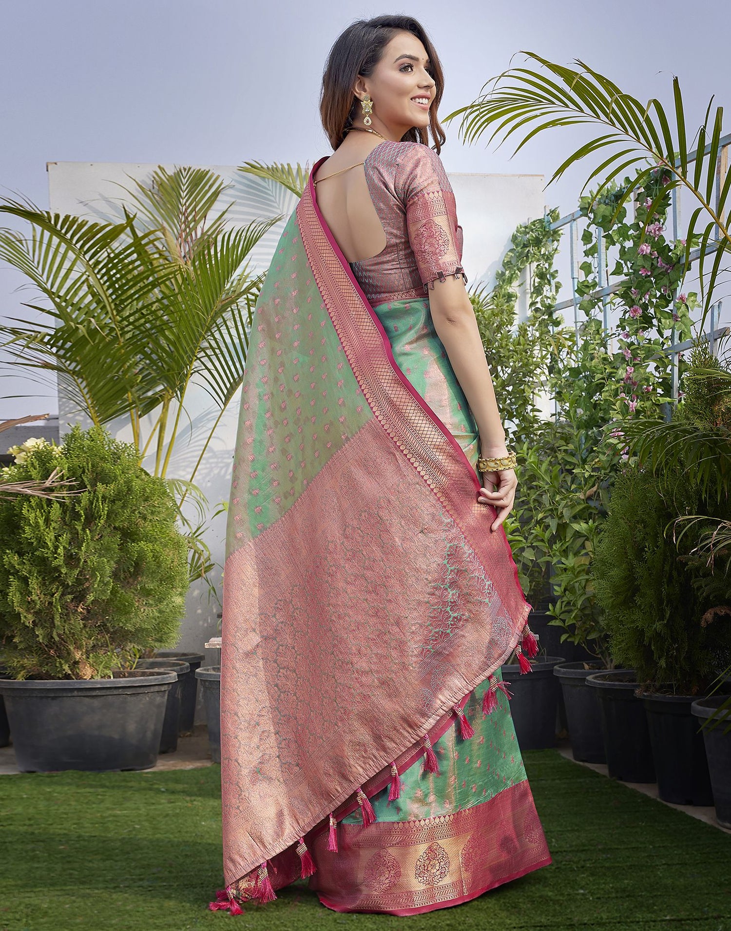 Rani Pink Jacquard Organza Saree