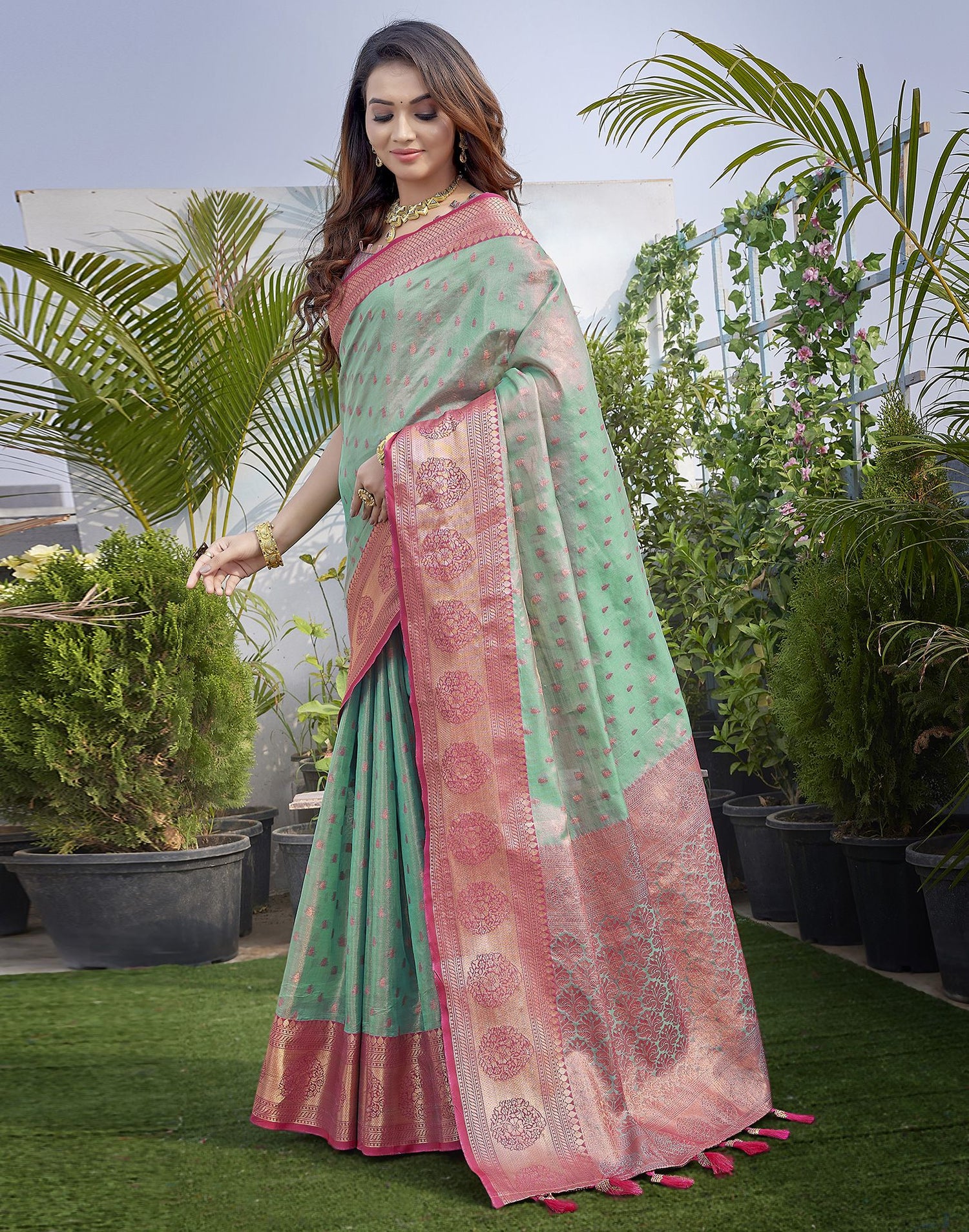 Rani Pink Jacquard Organza Saree