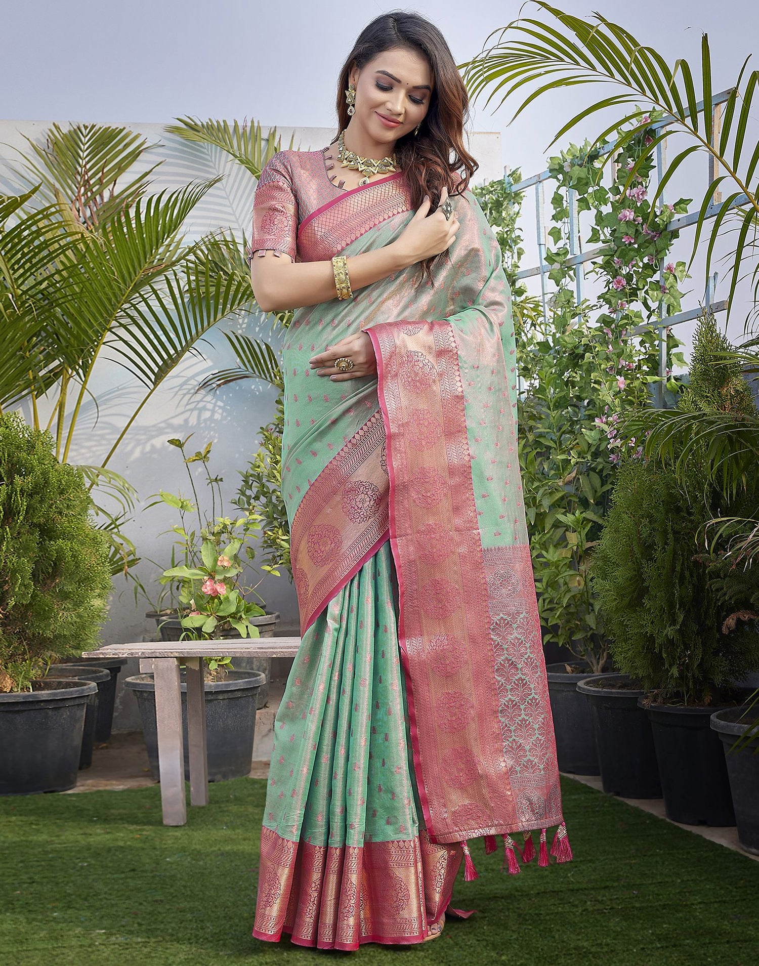 Rani Pink Jacquard Organza Saree