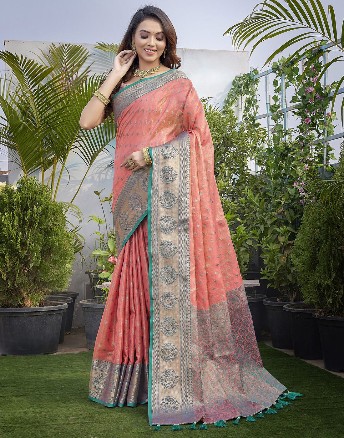 Teal Blue Jacquard Organza Saree