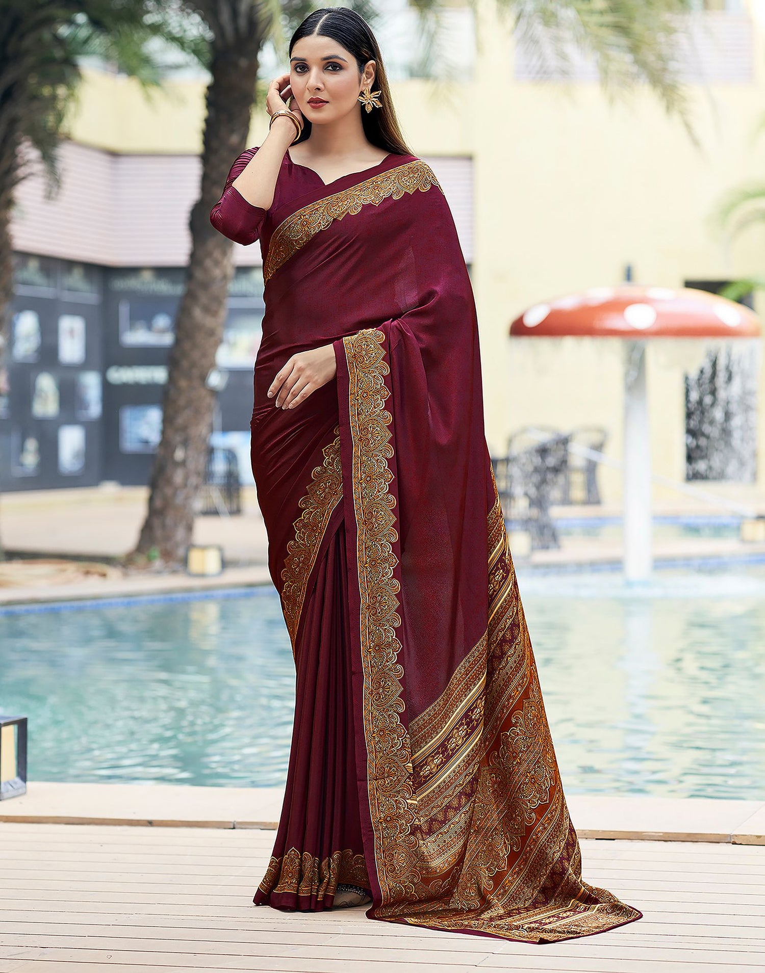 Brown Printed Silk Saree