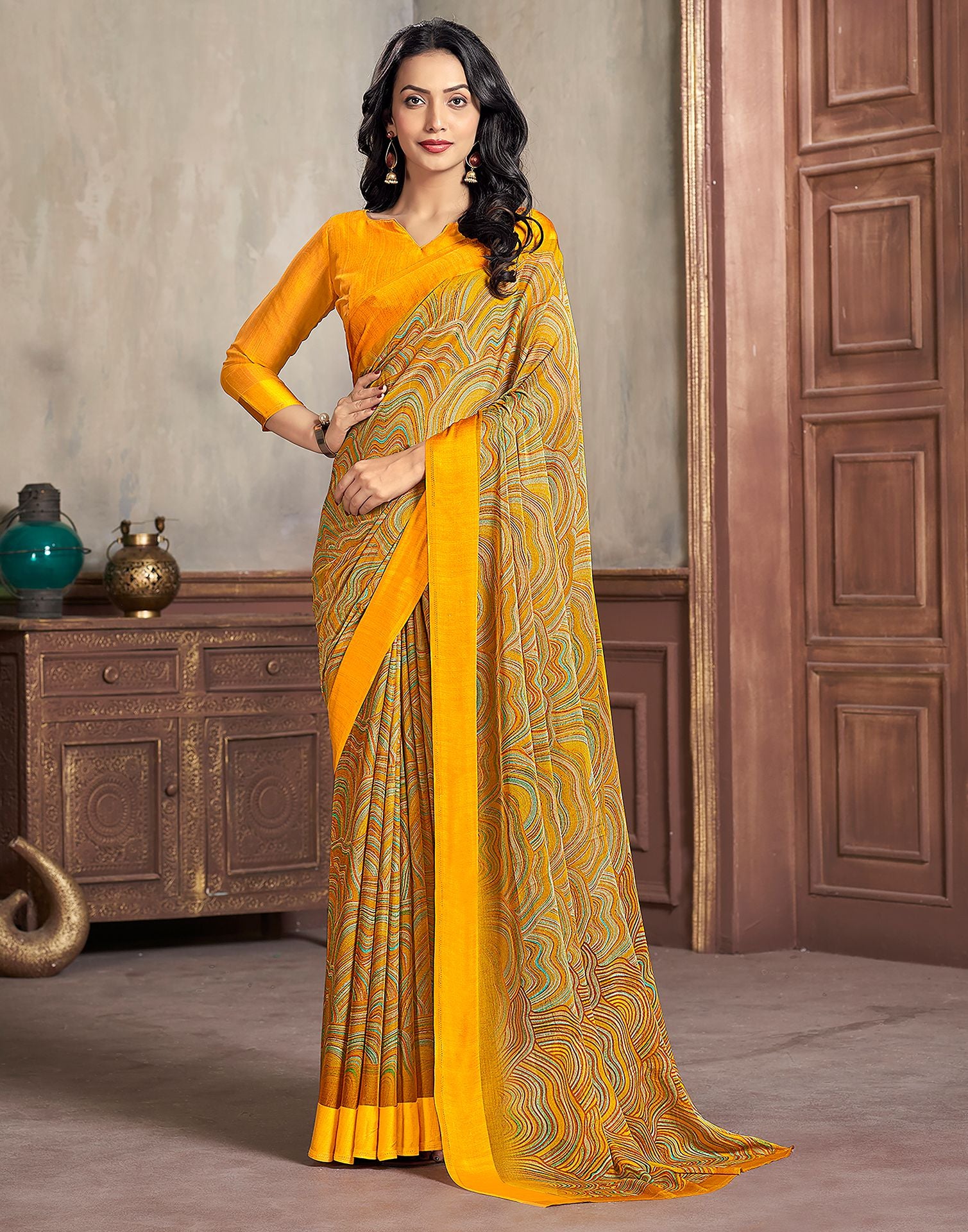 Yellow Printed Chiffon Saree