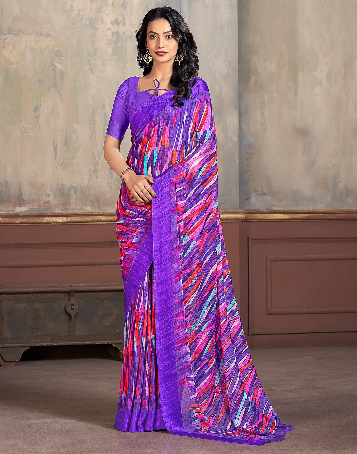 Purple Printed Chiffon Saree