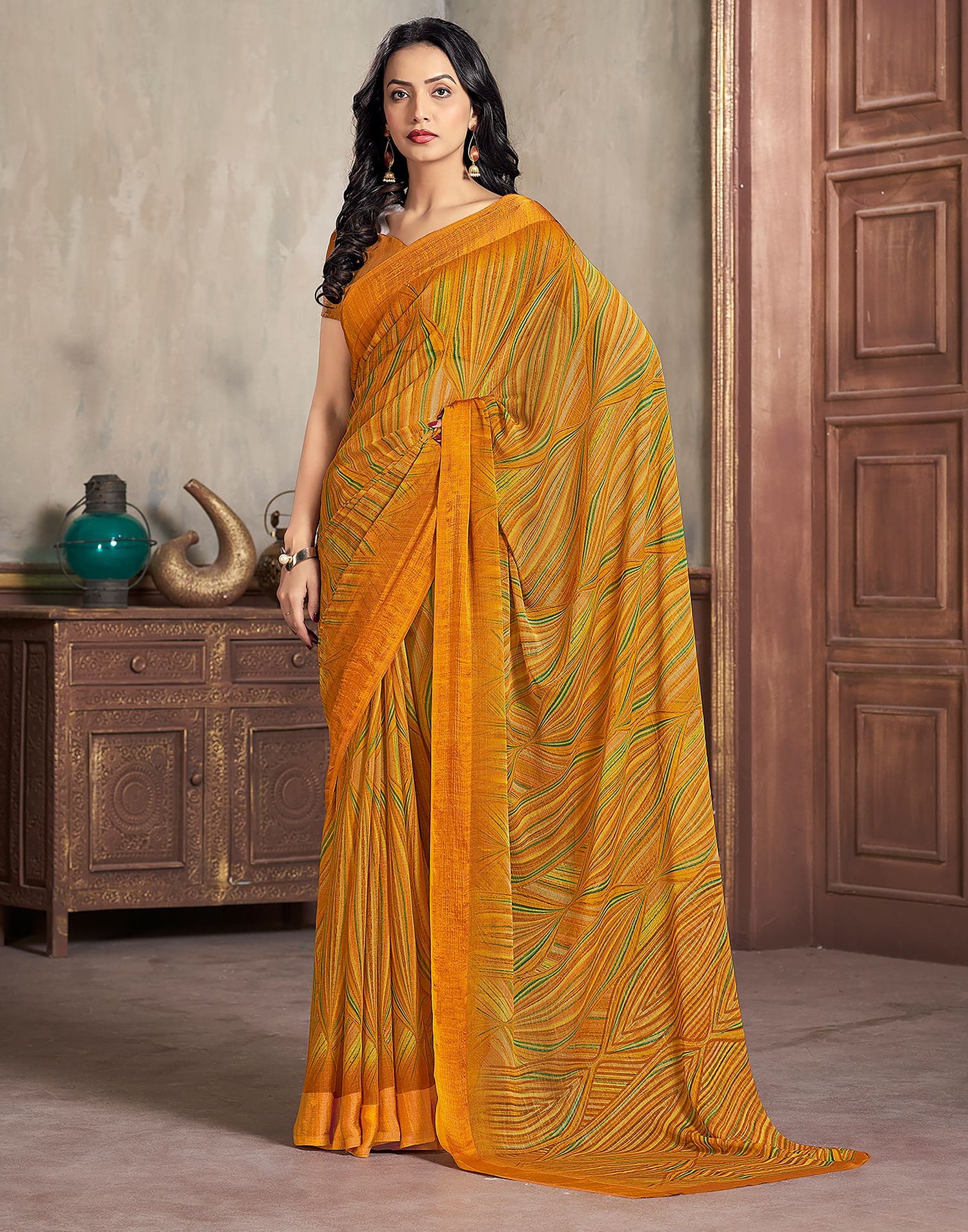 Yellow Printed Chiffon Saree