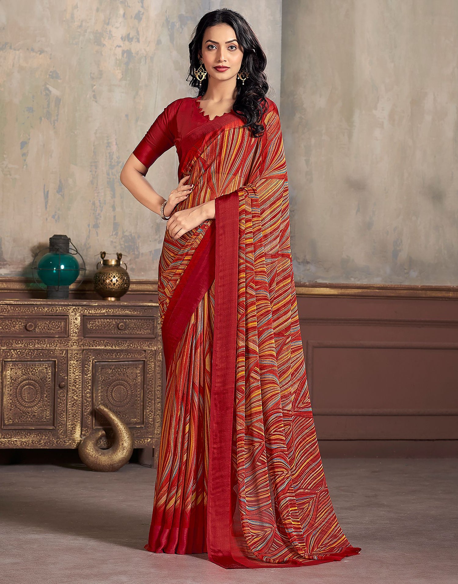 Maroon Printed Chiffon Saree