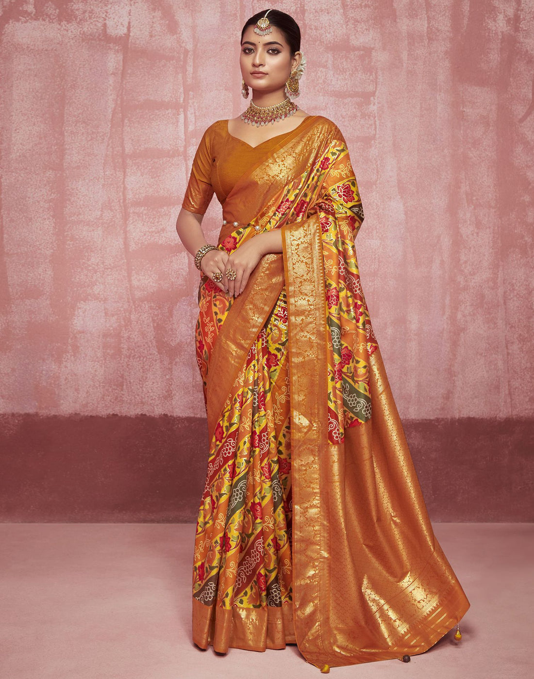 Mustard Printed Silk Saree