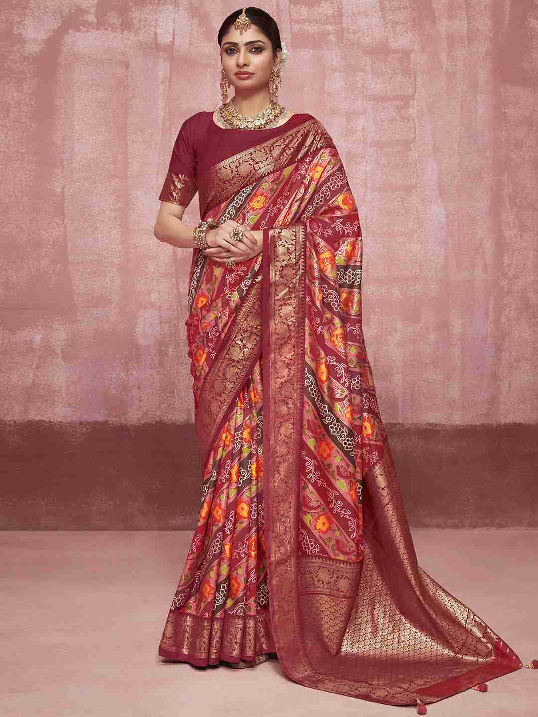 Maroon Printed Silk Saree