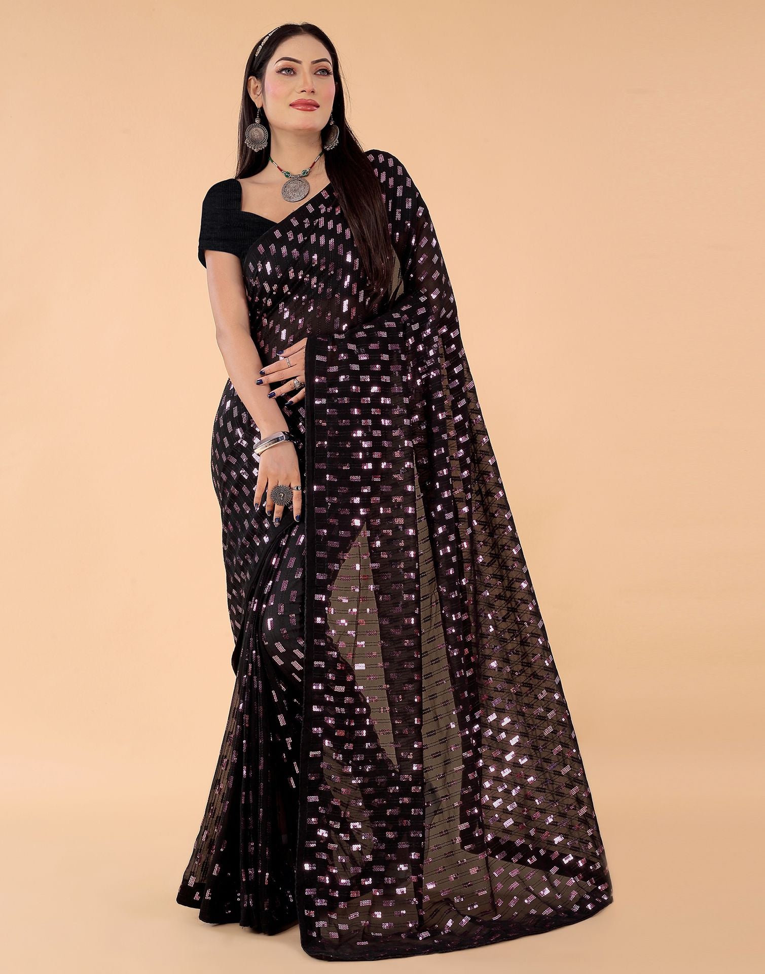 Women Black Solid Georgette Saree with Mirror Work Border - HA_VASTRA_BLCK