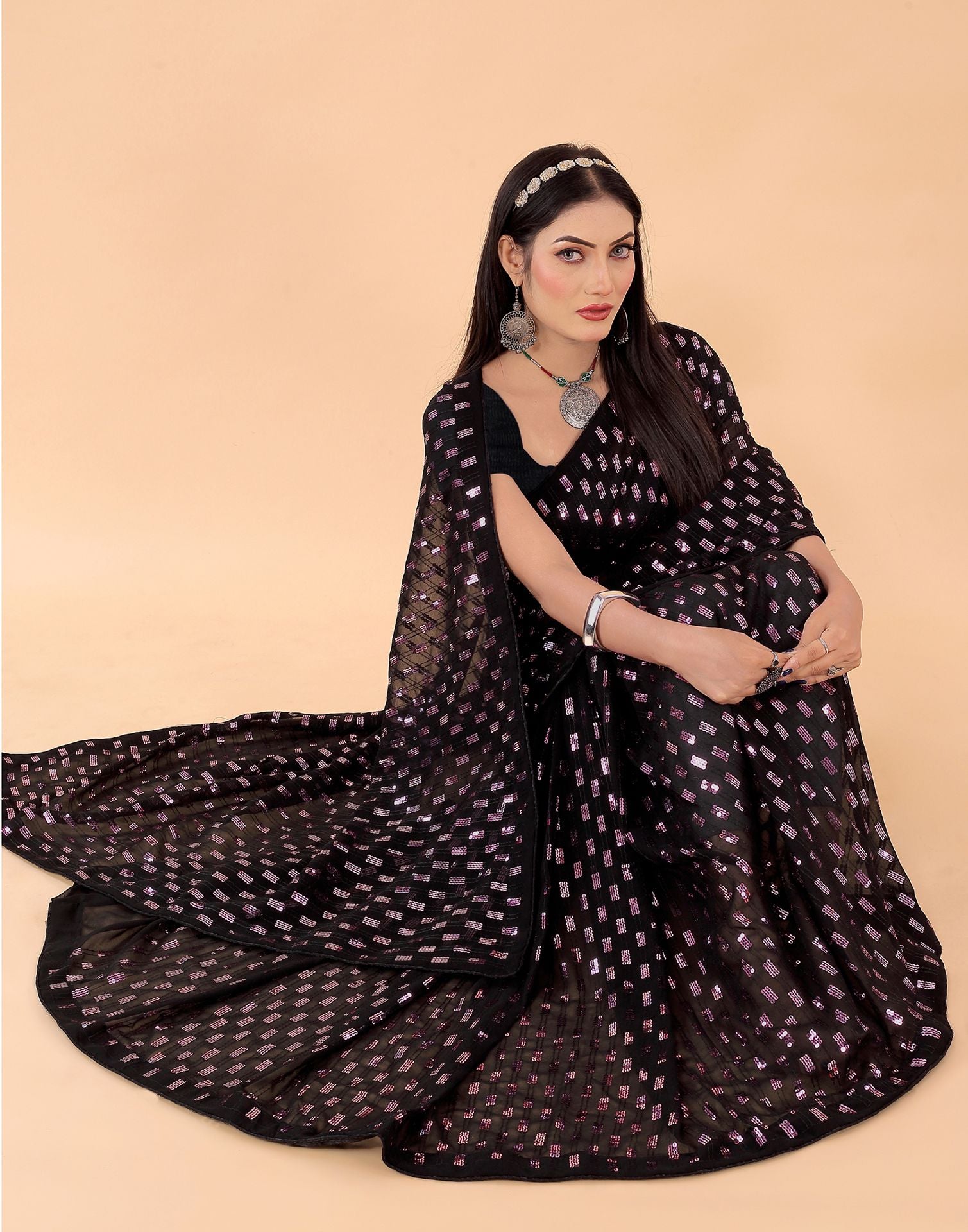 Black Colored Georgette Saree With Full Sequince Work and Plain Banglori  Cotton Blouse Piece