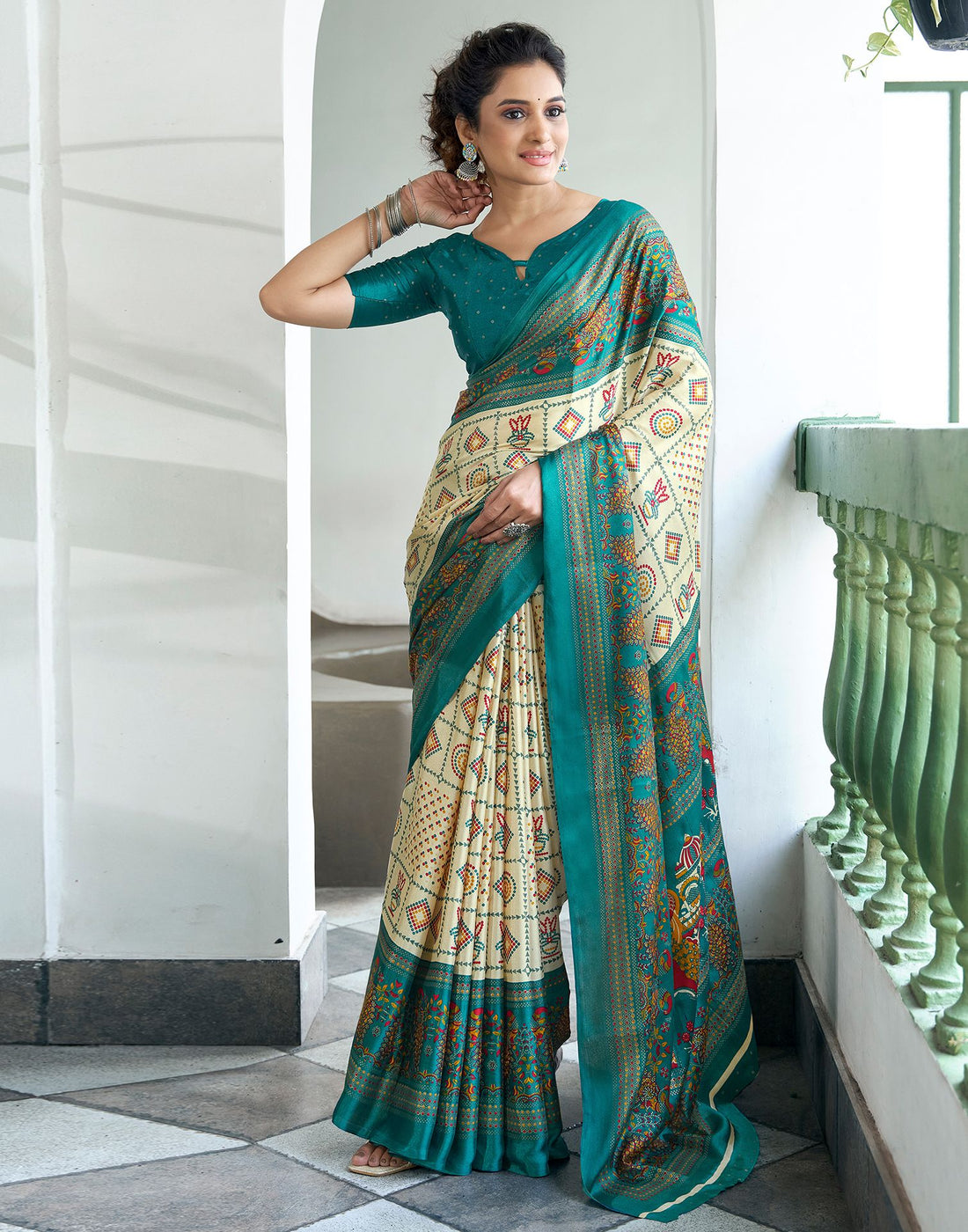 Rama Green Printed Silk Saree