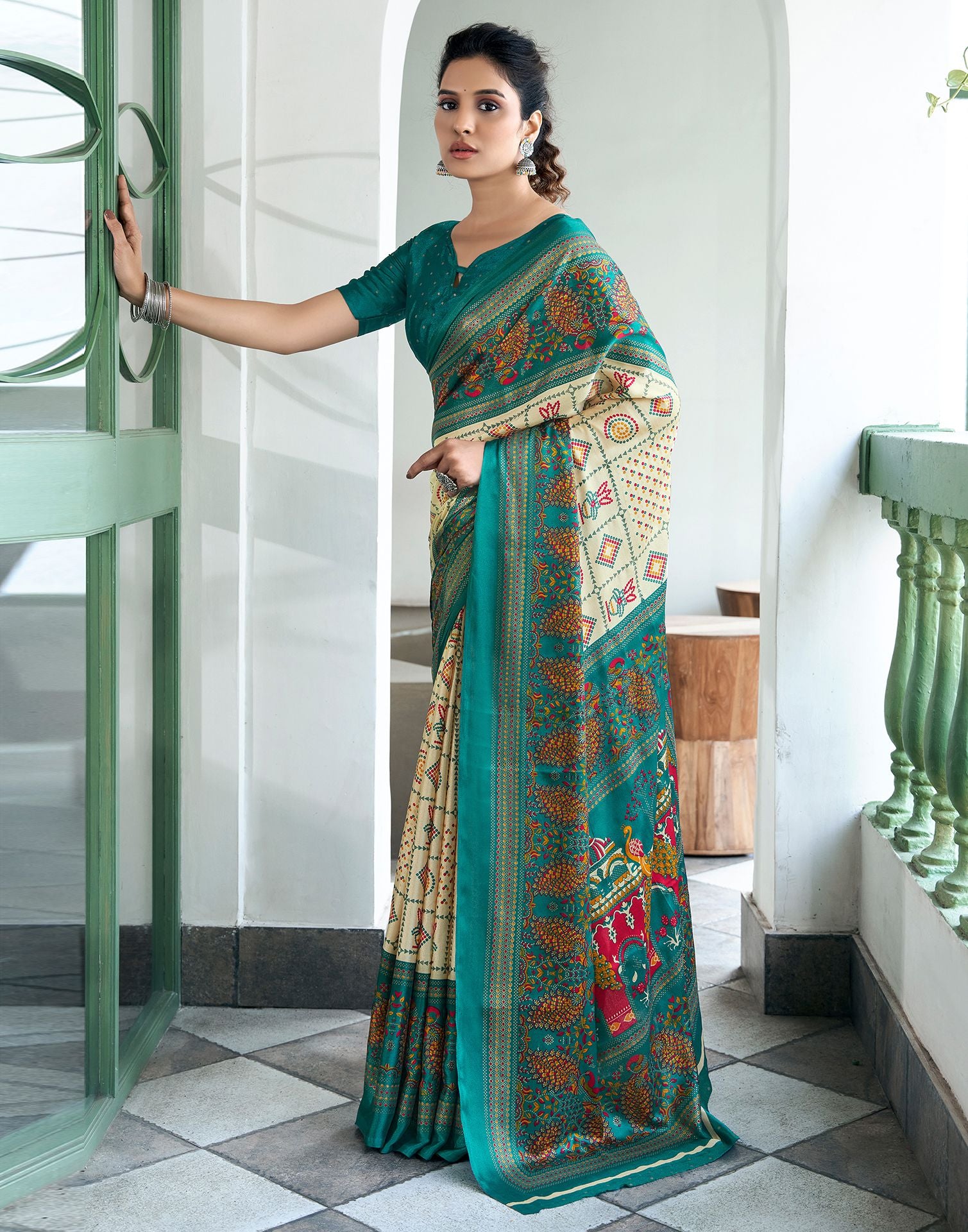 Rama Green Printed Silk Saree