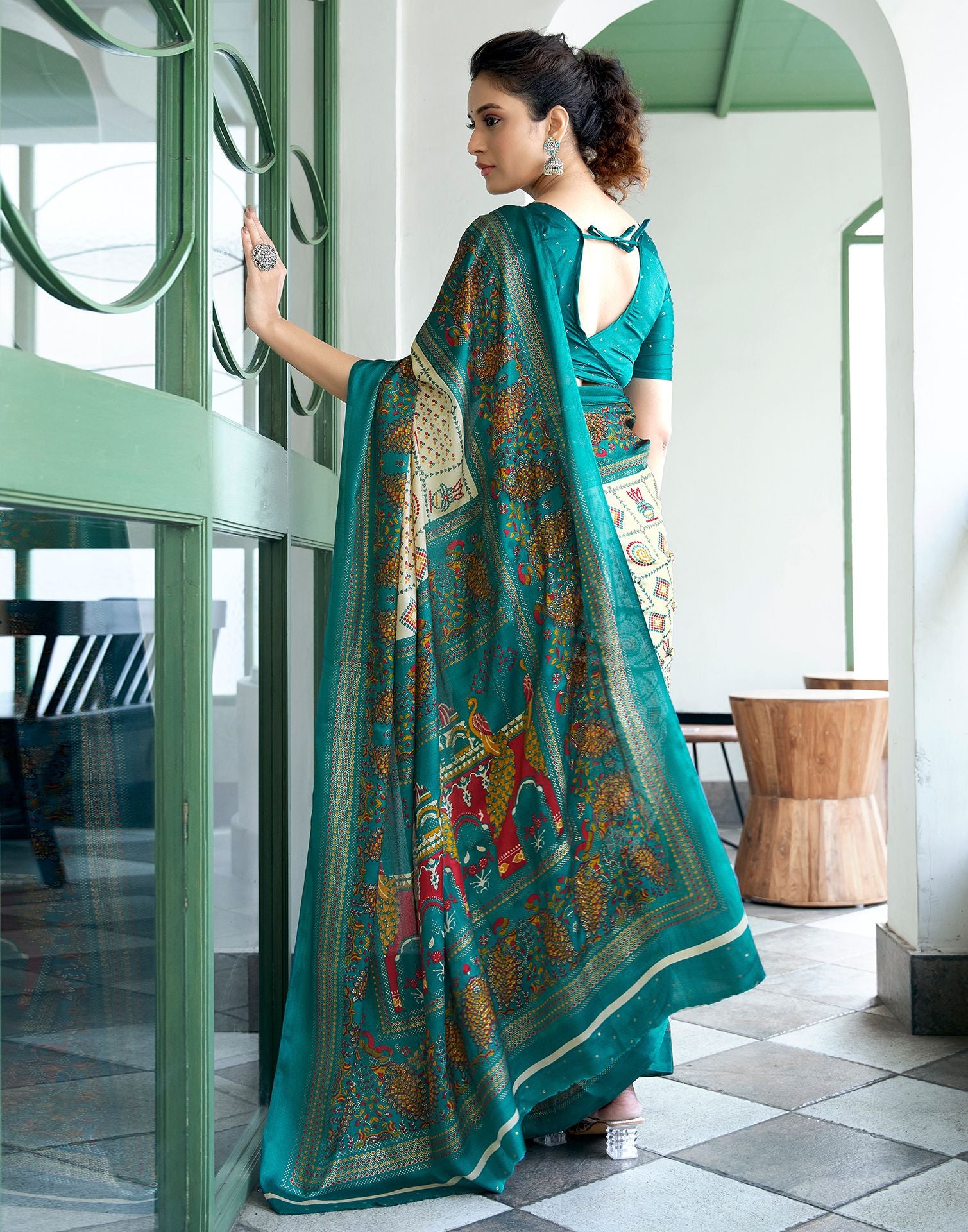 Rama Green Printed Silk Saree