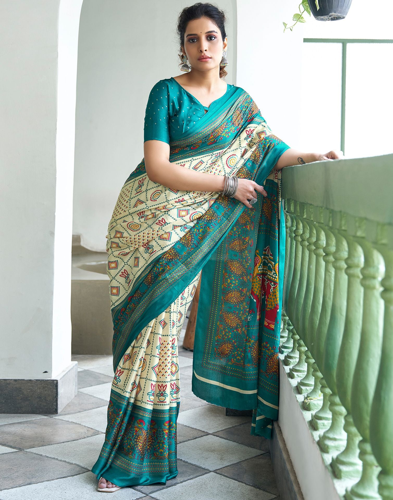 Rama Green Printed Silk Saree