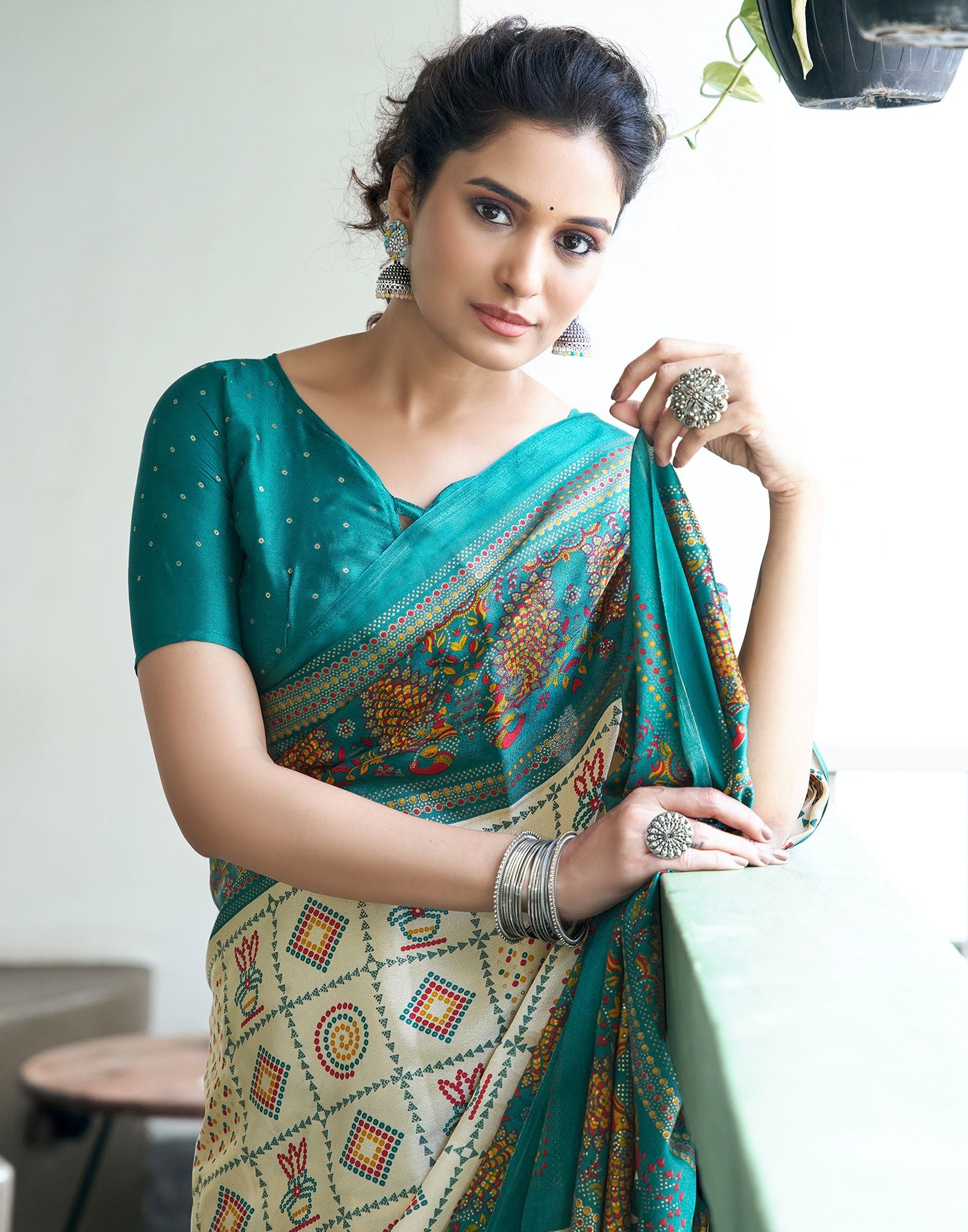 Rama Green Printed Silk Saree